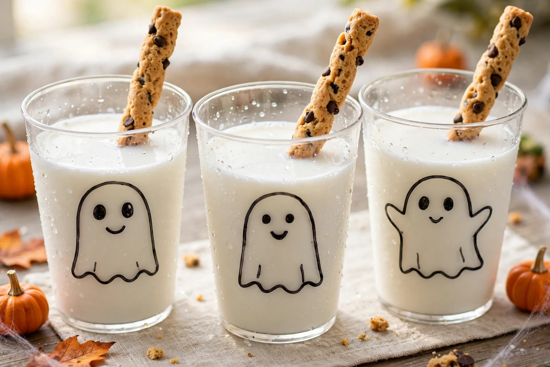 Cold milk in clear cups with a ghost face drawn on the outside and a cookie straw.