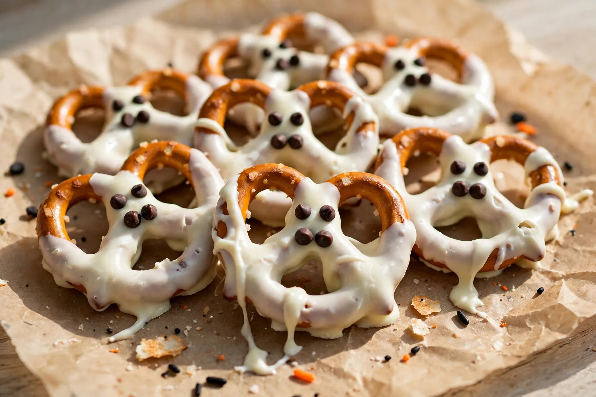 Pretzel twists dipped in white chocolate with chocolate chip ghost faces.