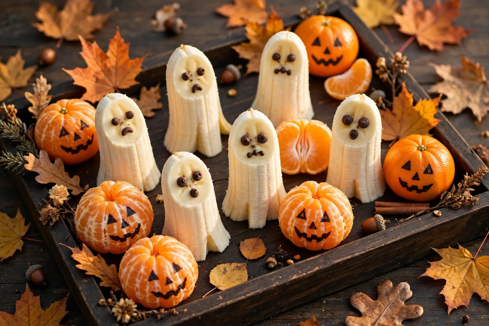 Banana ghost halves with chocolate chip faces and mandarin jack-o-lantern oranges on a wooden tray
