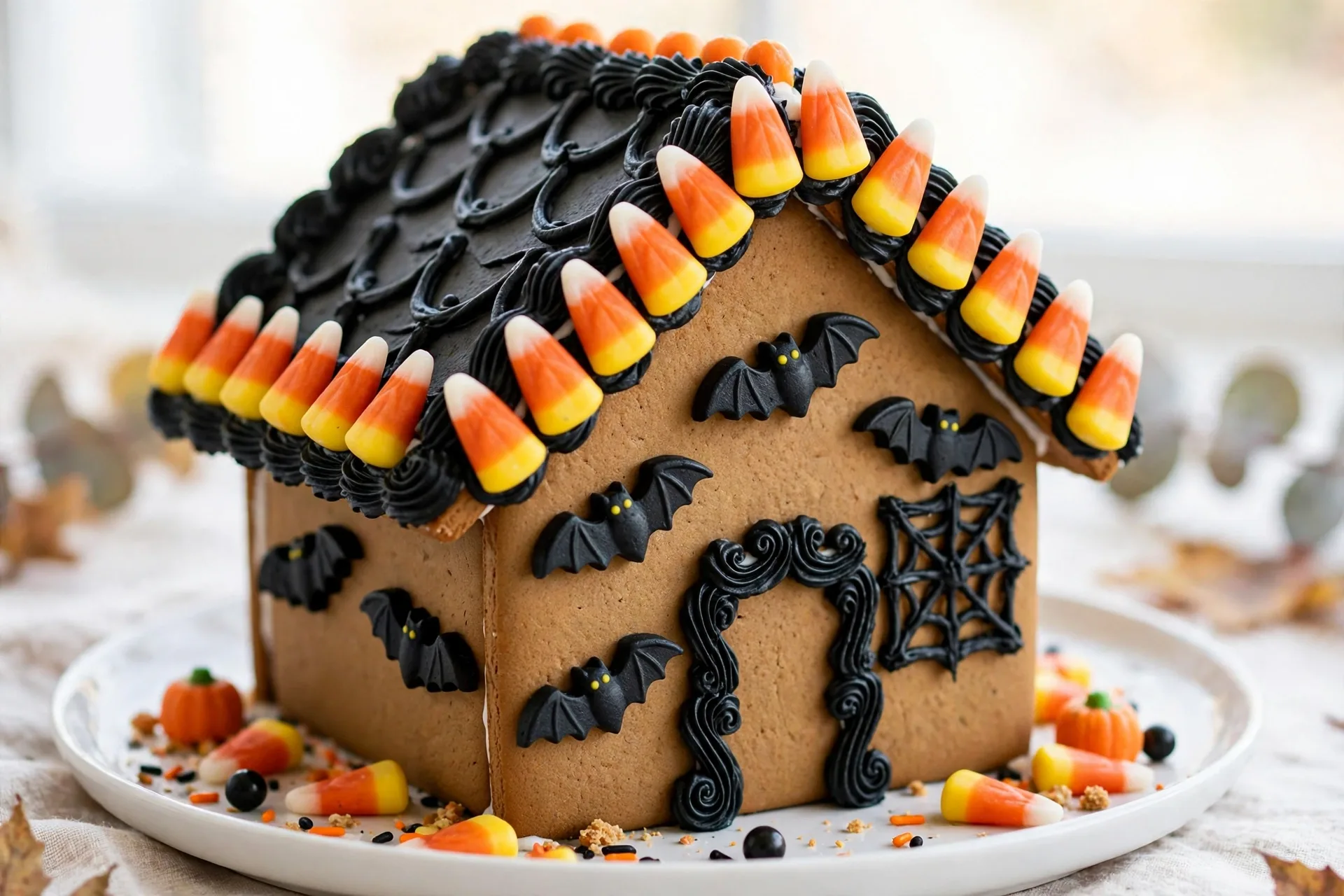 A gingerbread house dressed for Halloween with black frosting, candy bats, and a candy corn roof.