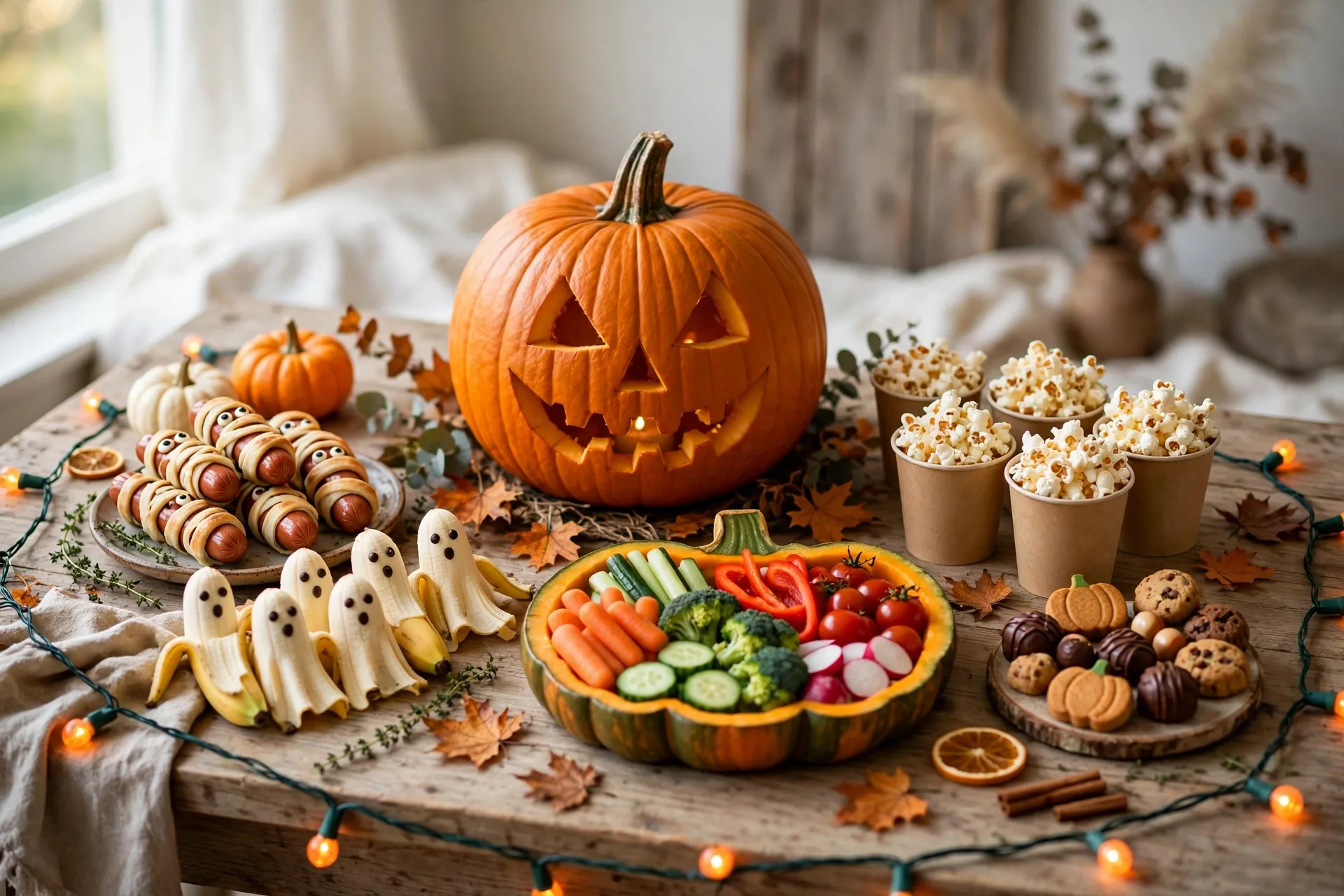 The whole party on one table: a pumpkin centerpiece surrounded by the best bites from this list.