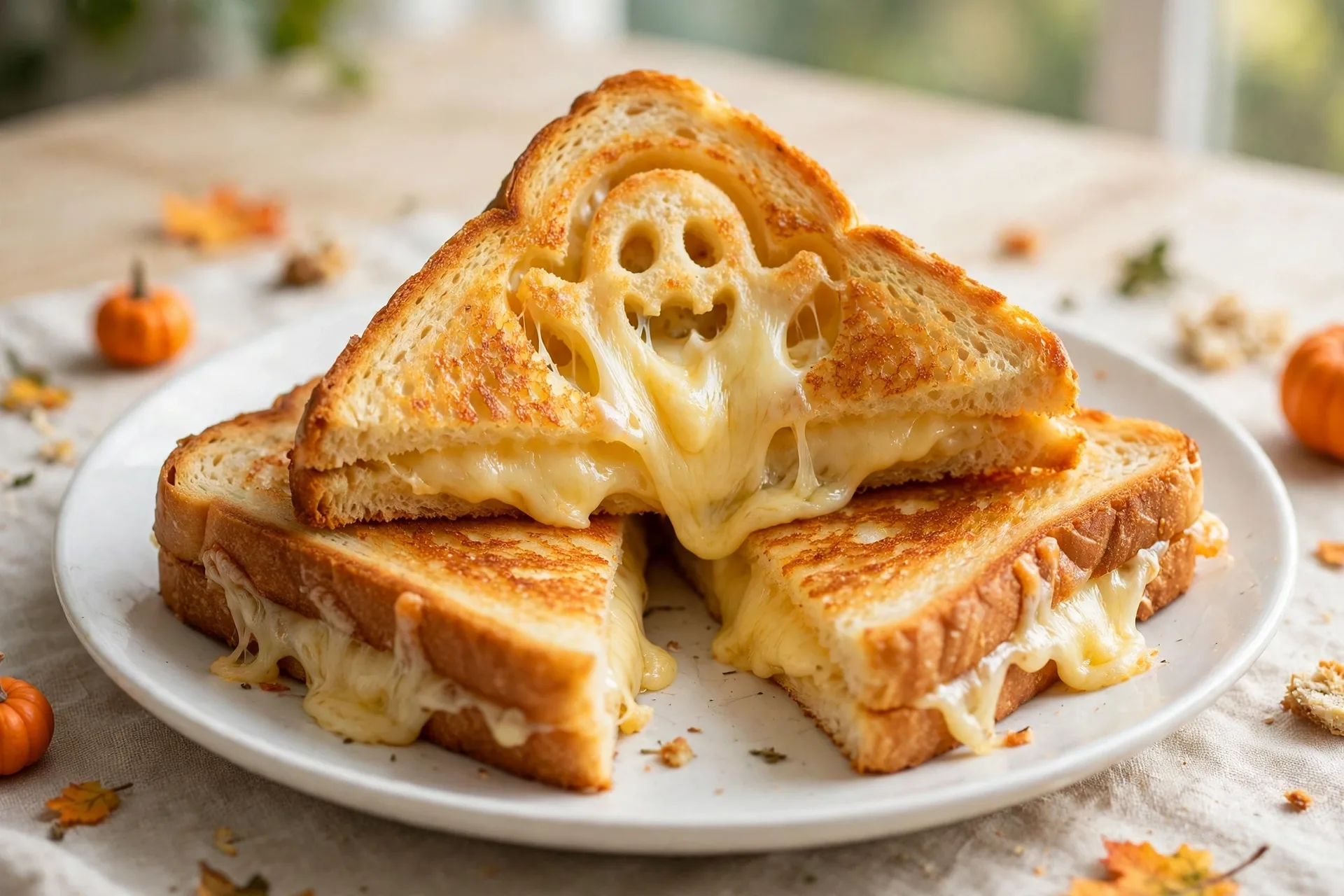 Grilled cheese triangles with a ghost face cut into the top slice.