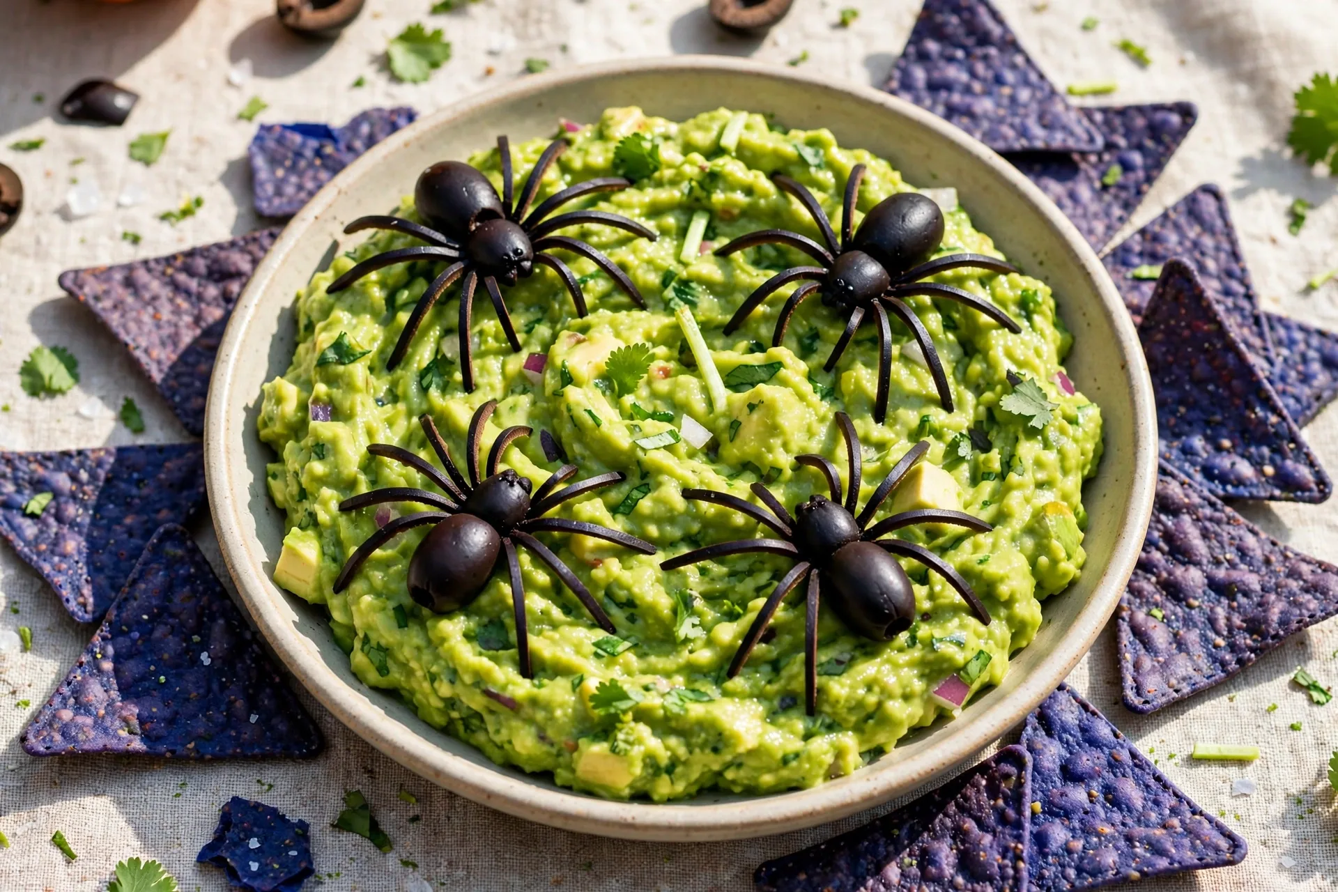 Bright green guacamole with black olive spiders marching across the top.