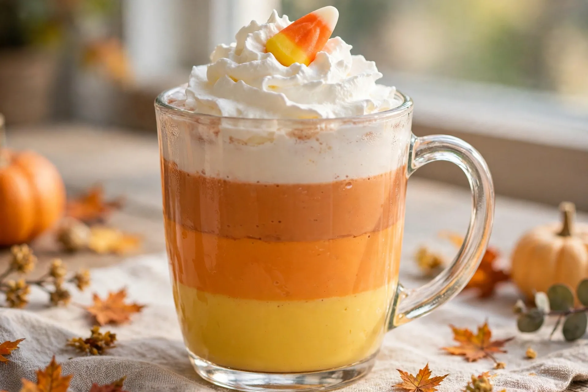 Hot chocolate layered yellow, orange, and white like candy corn, with whipped topping.