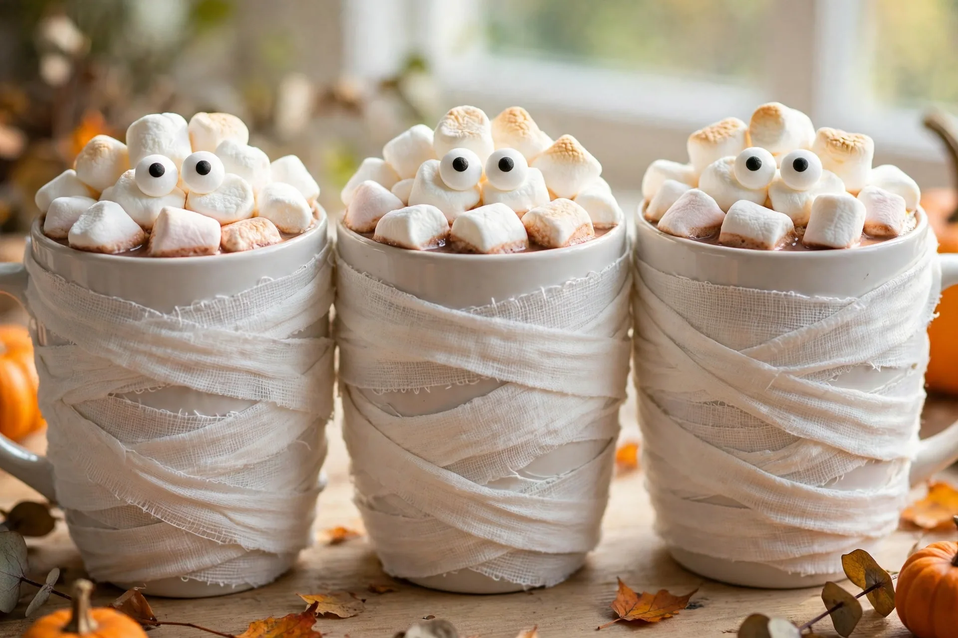 Hot cocoa with marshmallow bandages wrapped around the mug and two candy eyes.