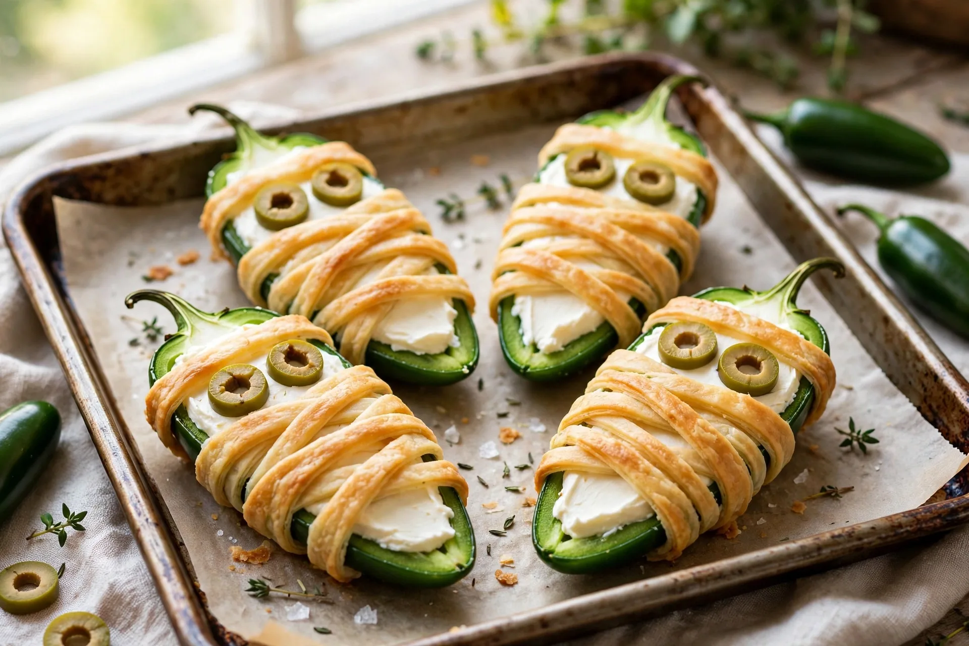 Jalapeno halves wrapped in pastry strips with cream cheese inside and olive eyes on top.