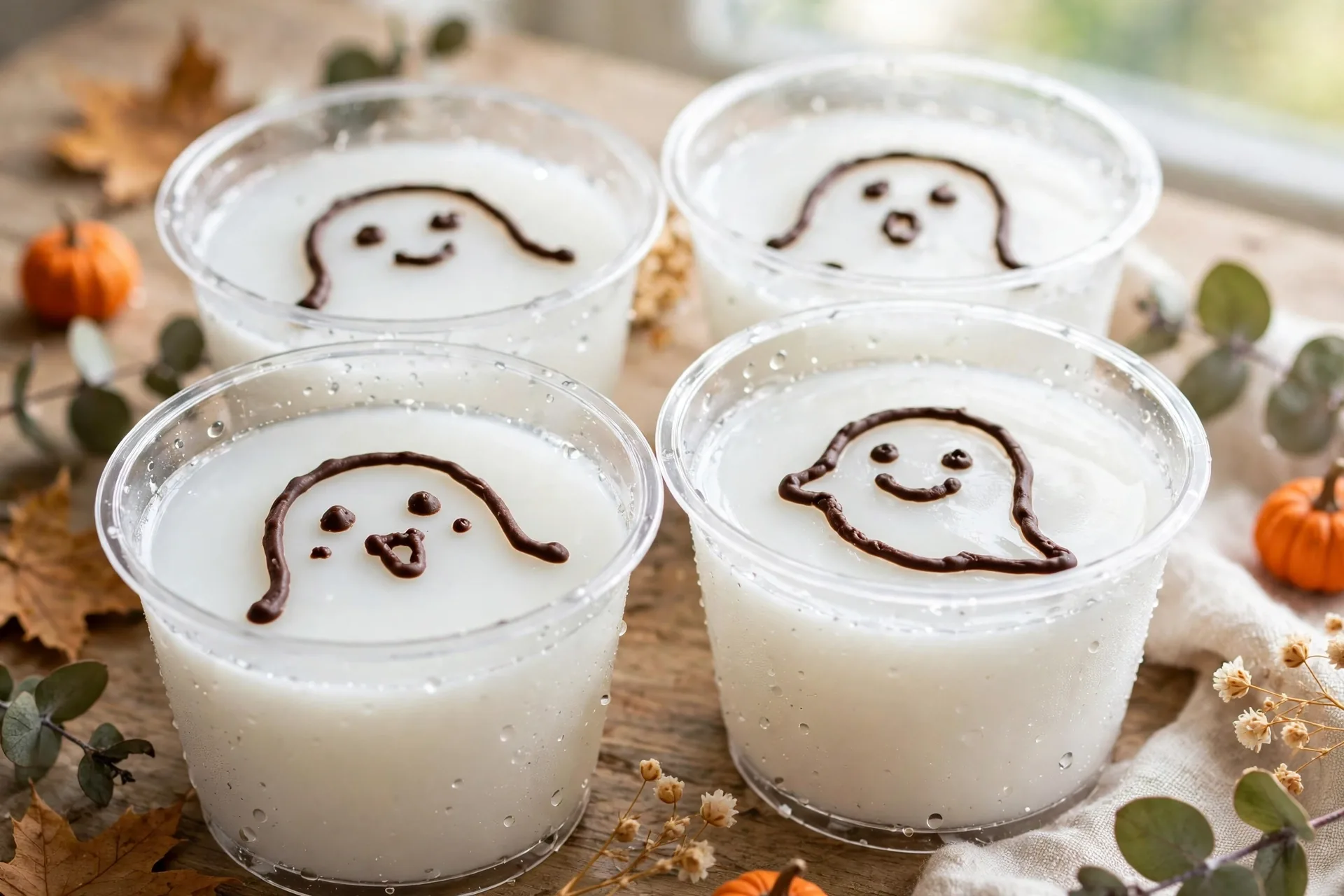 White jello cups with a ghost face drawn in chocolate, served cold in clear cups.