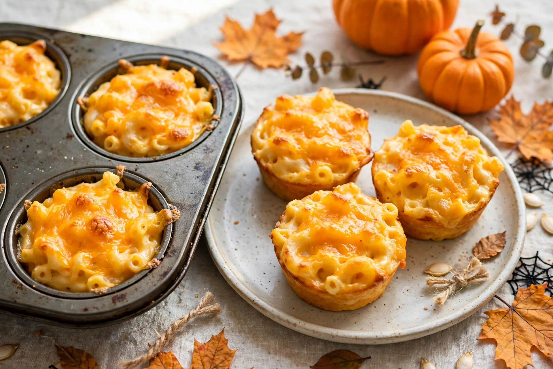 Creamy mac and cheese baked in muffin cups with a pumpkin-orange top.