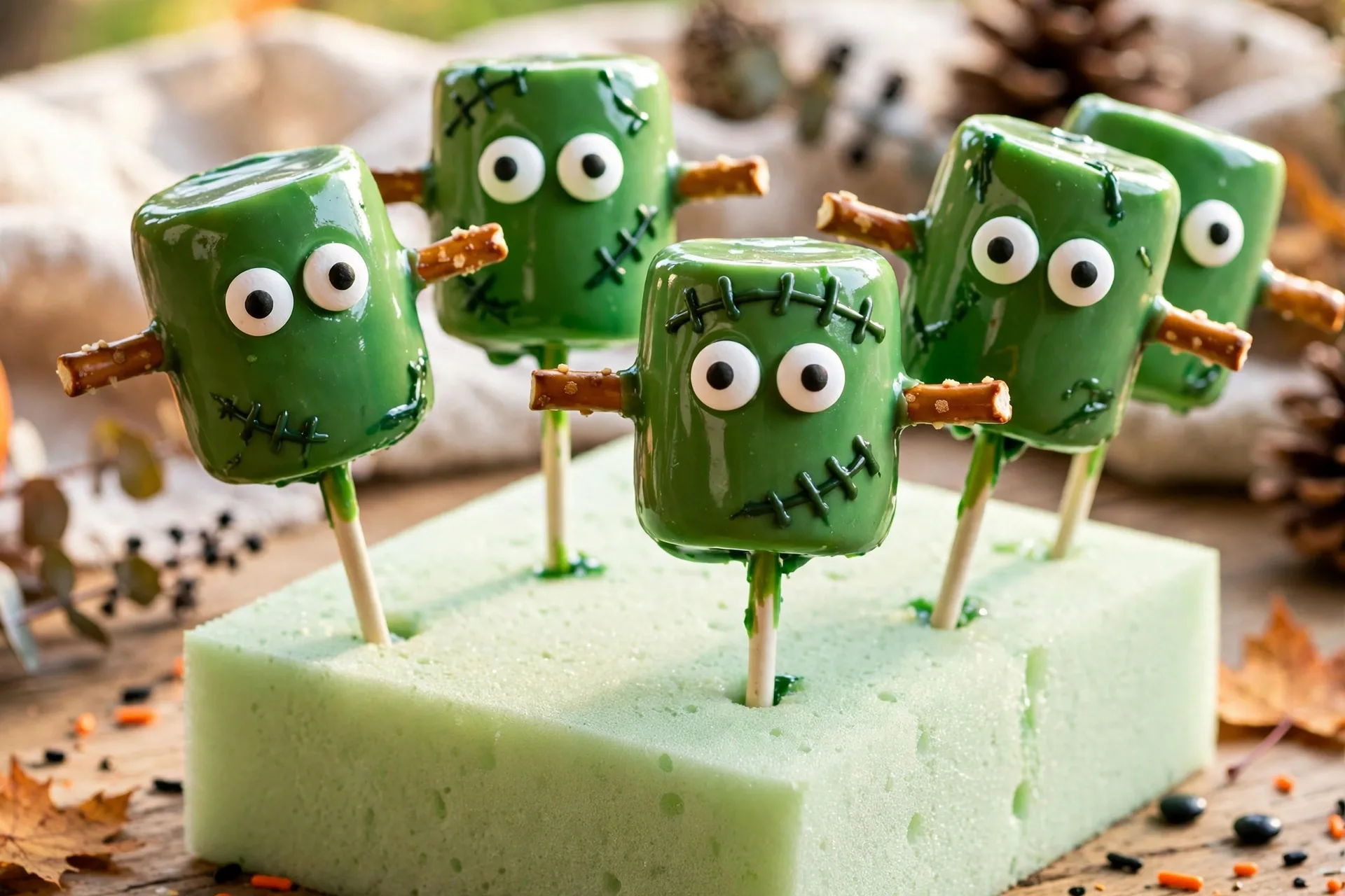 Marshmallows dipped in green chocolate with candy eyes and pretzel bolts, on sticks.