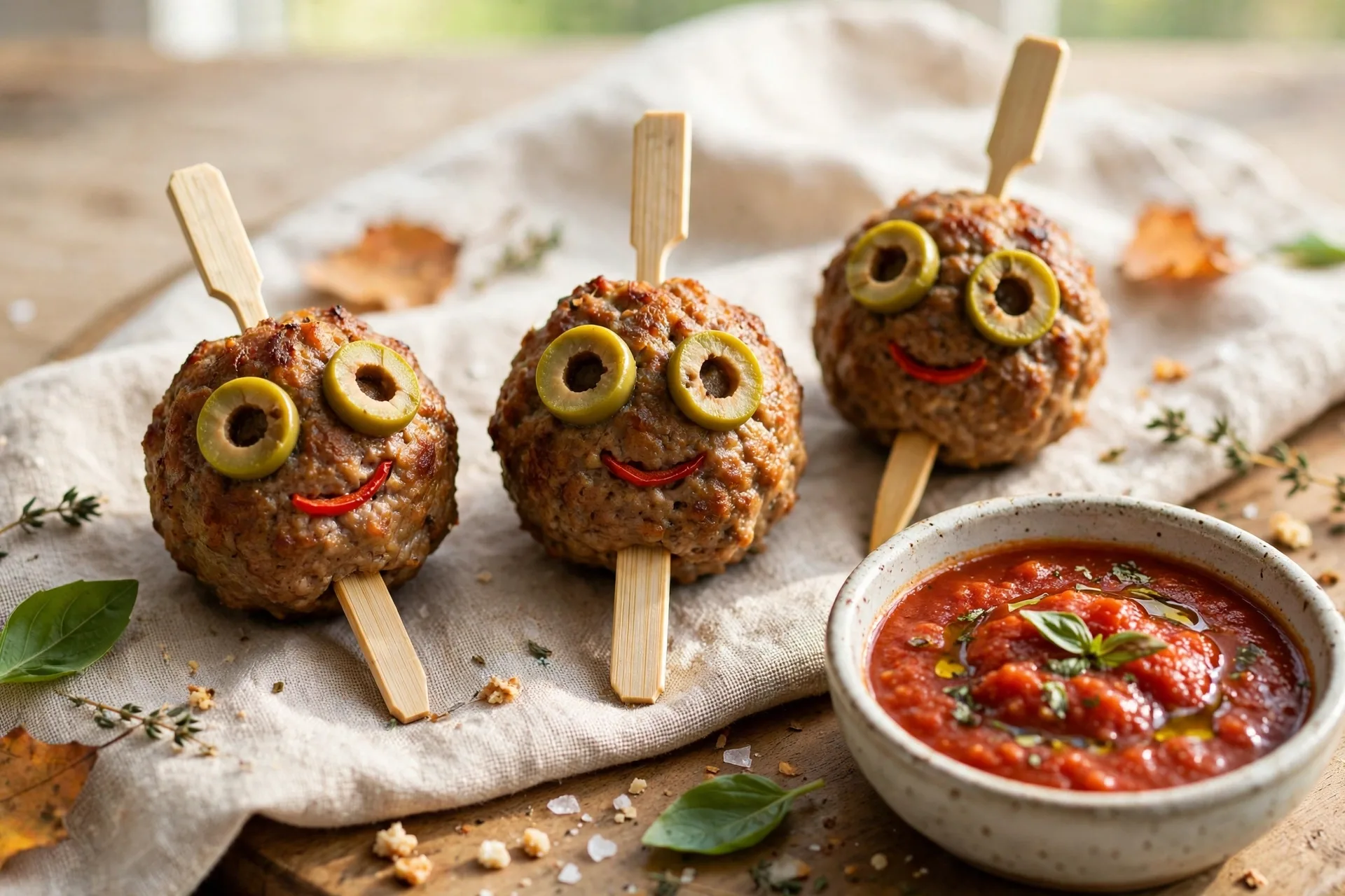 Meatballs with olive eyes and a red pepper grin, served on picks with a dip.