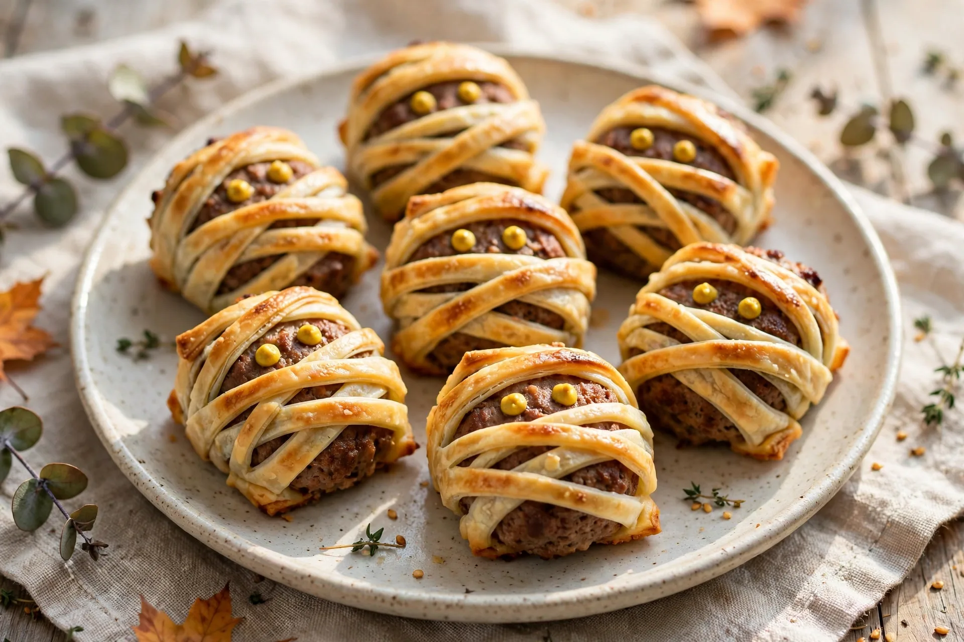 Small meatloaf bites wrapped in pastry strips with mustard eyes.