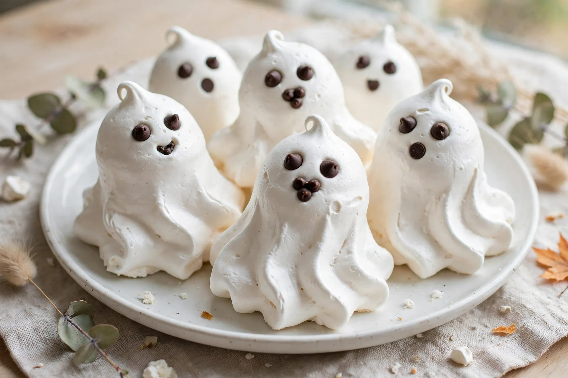 White ghost meringue cookies with mini chocolate chip faces on a white plate