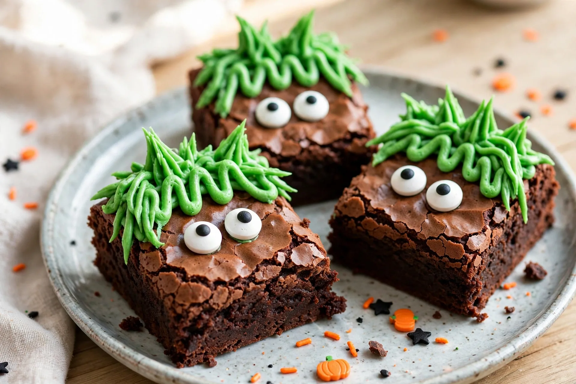 Fudgy brownie squares with candy eyes and a wild hair of green frosting.