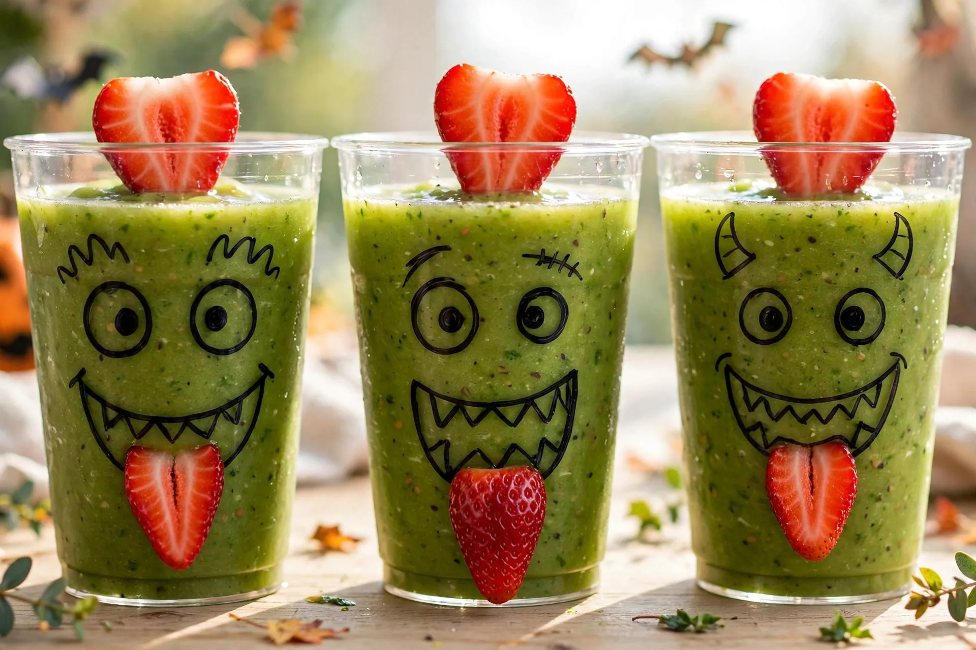 Green smoothies with a monster face on the cup and a strawberry tongue on top.