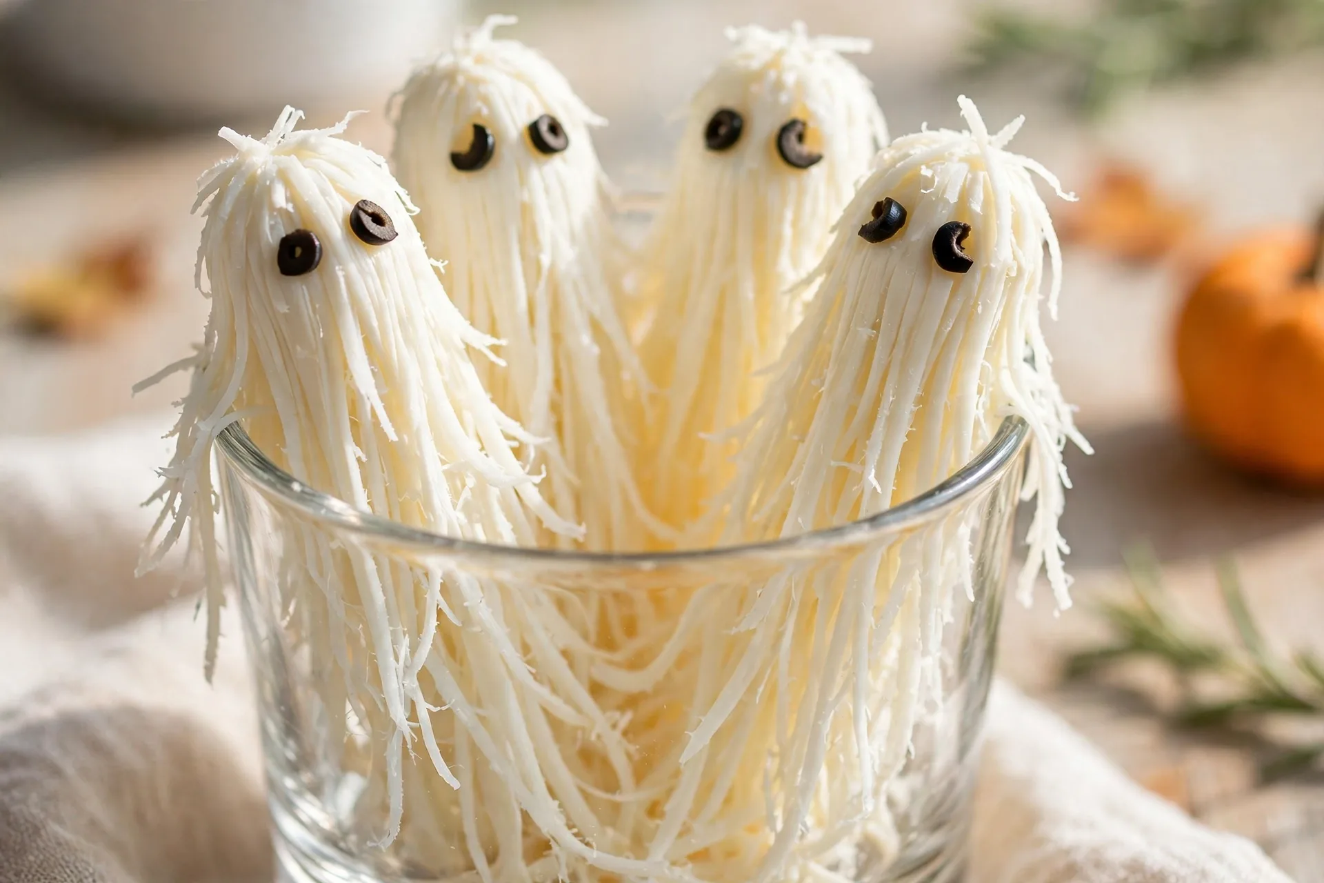 String cheese ghosts with tiny olive eyes, standing in a cup like a little haunting.