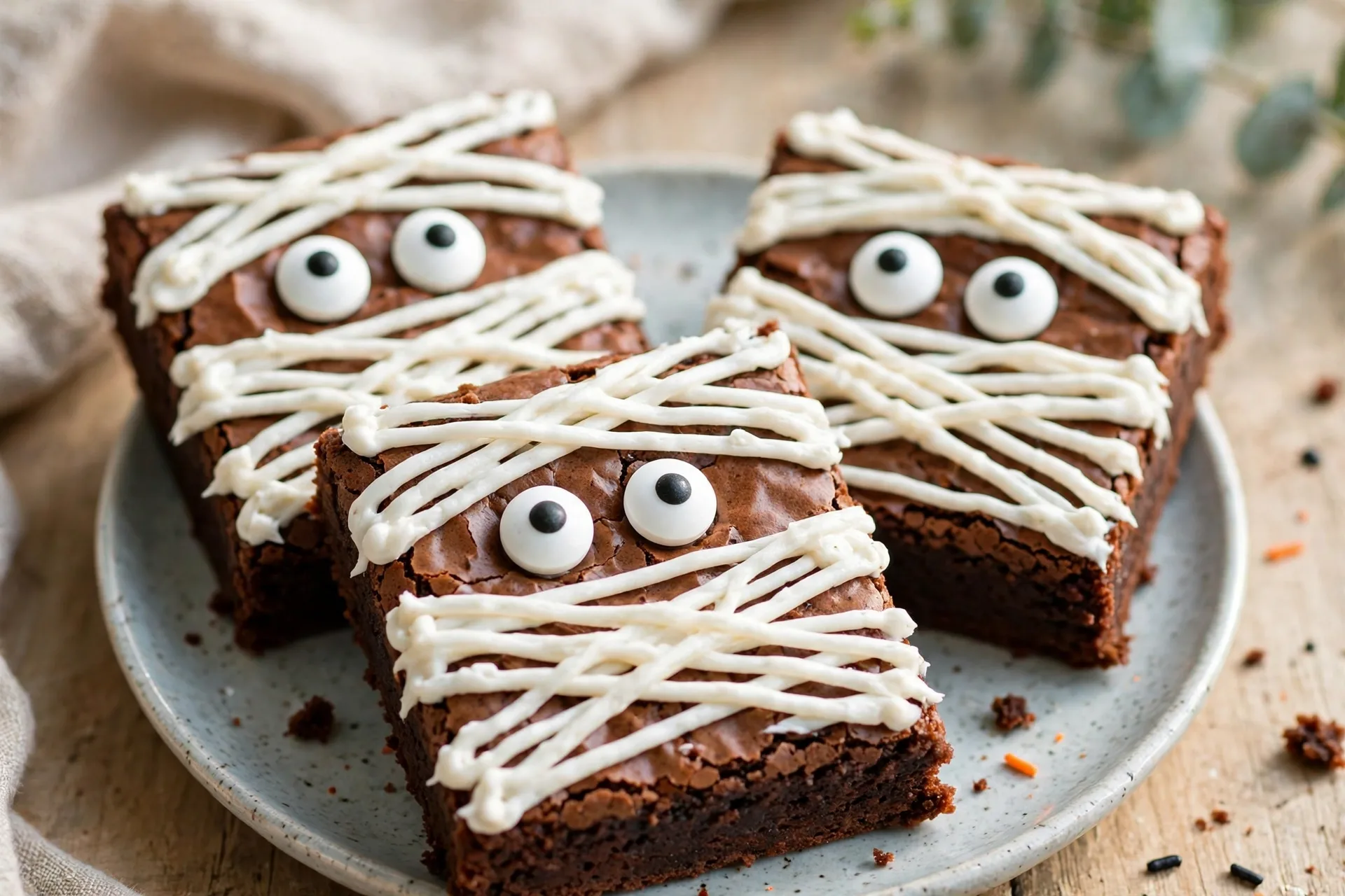 Brownie rectangles wrapped in white frosting strips with two candy eyes peeking out.