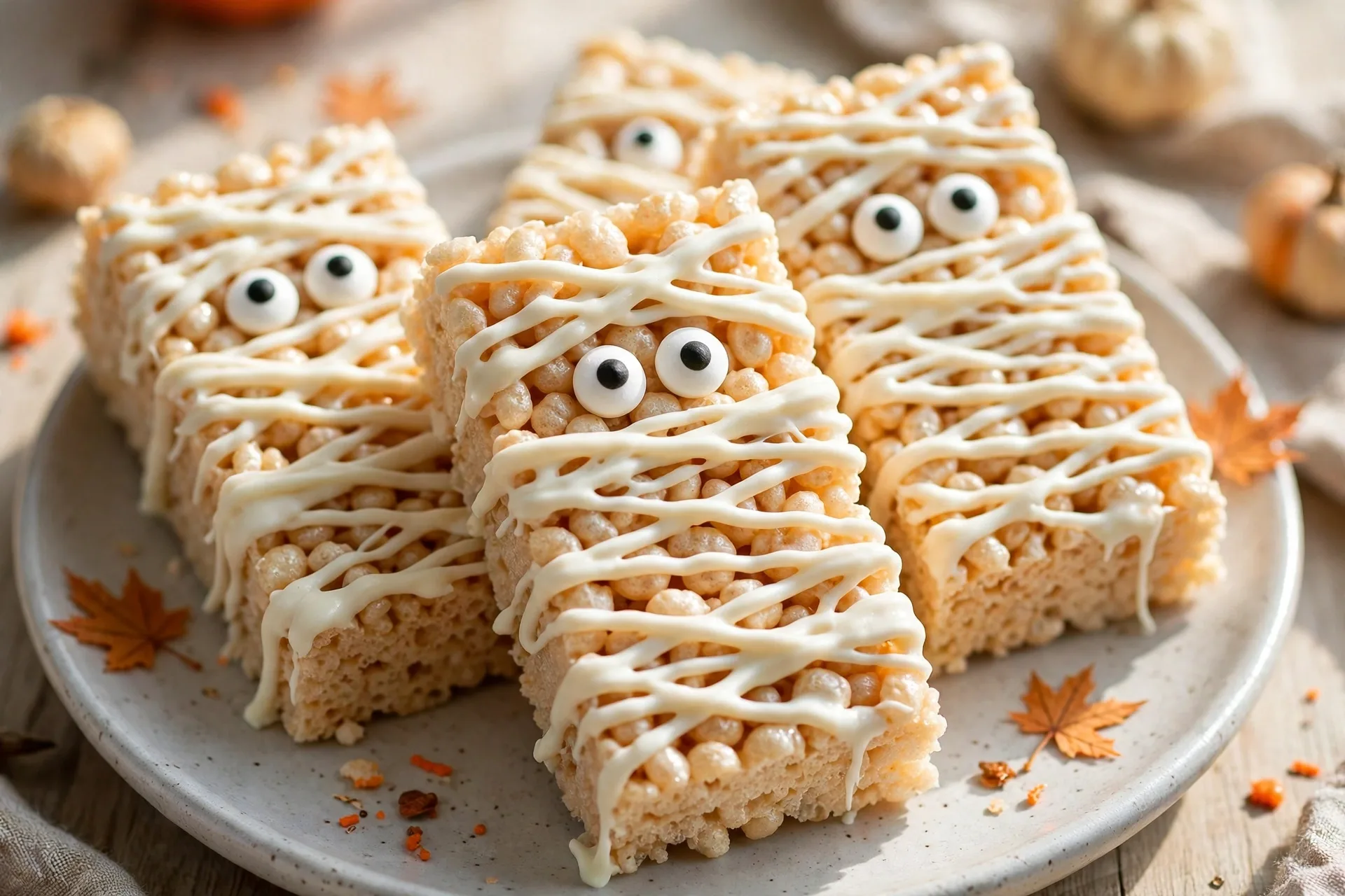 Rice krispie bars drizzled with white chocolate bandages and two candy eyes.