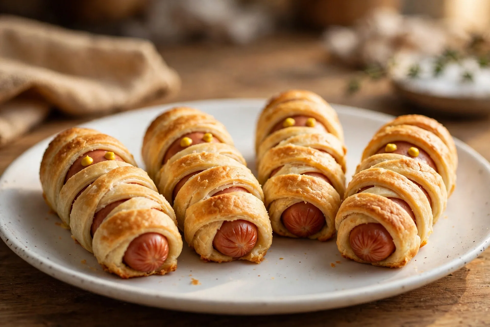 Close-up of mummy hot dogs on a white plate: mini hot dogs wrapped in golden baked crescent dough with mustard dot eyes