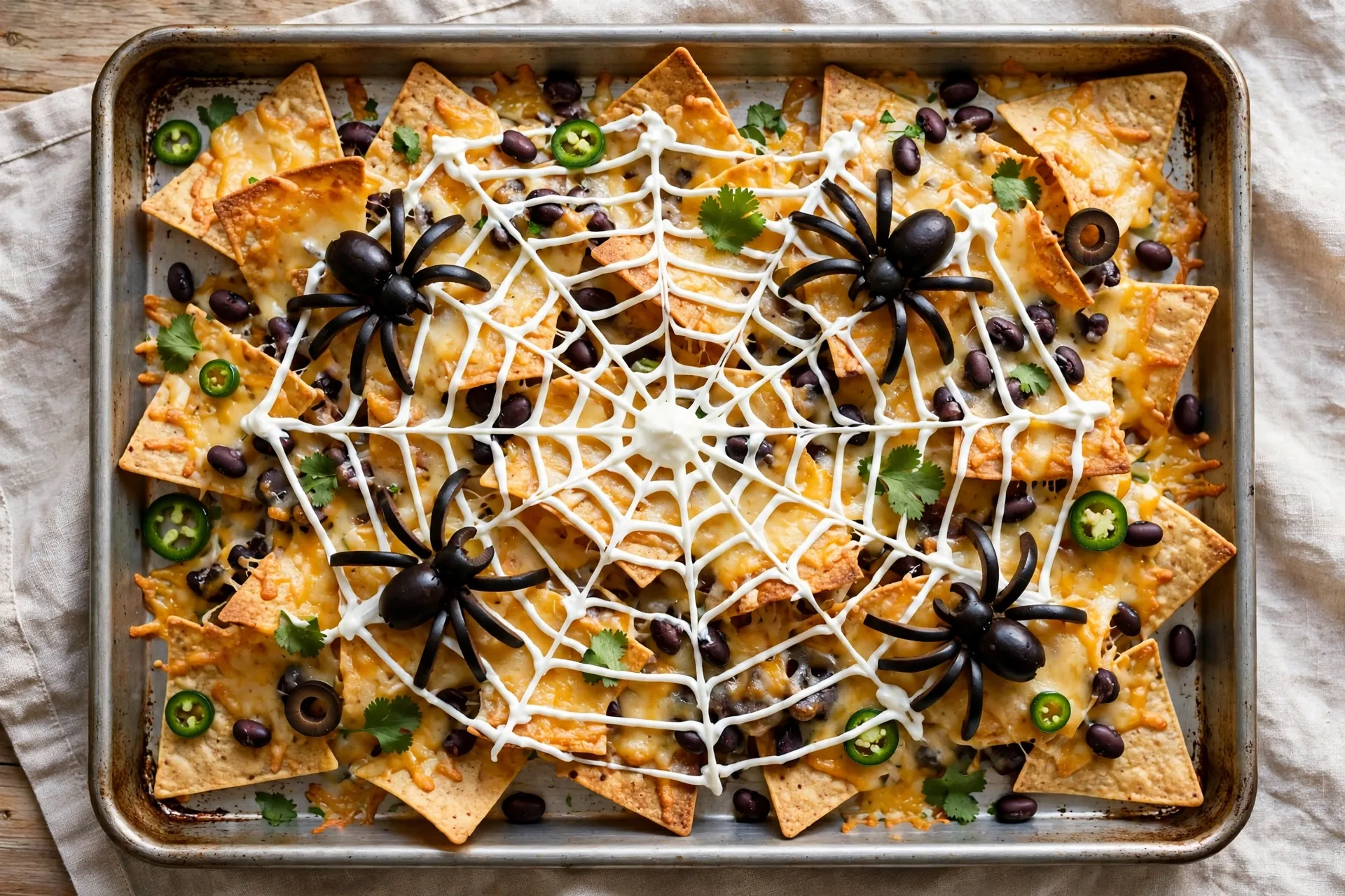 A tray of nachos with sour cream webbing piped over the cheese and olive spiders on top.