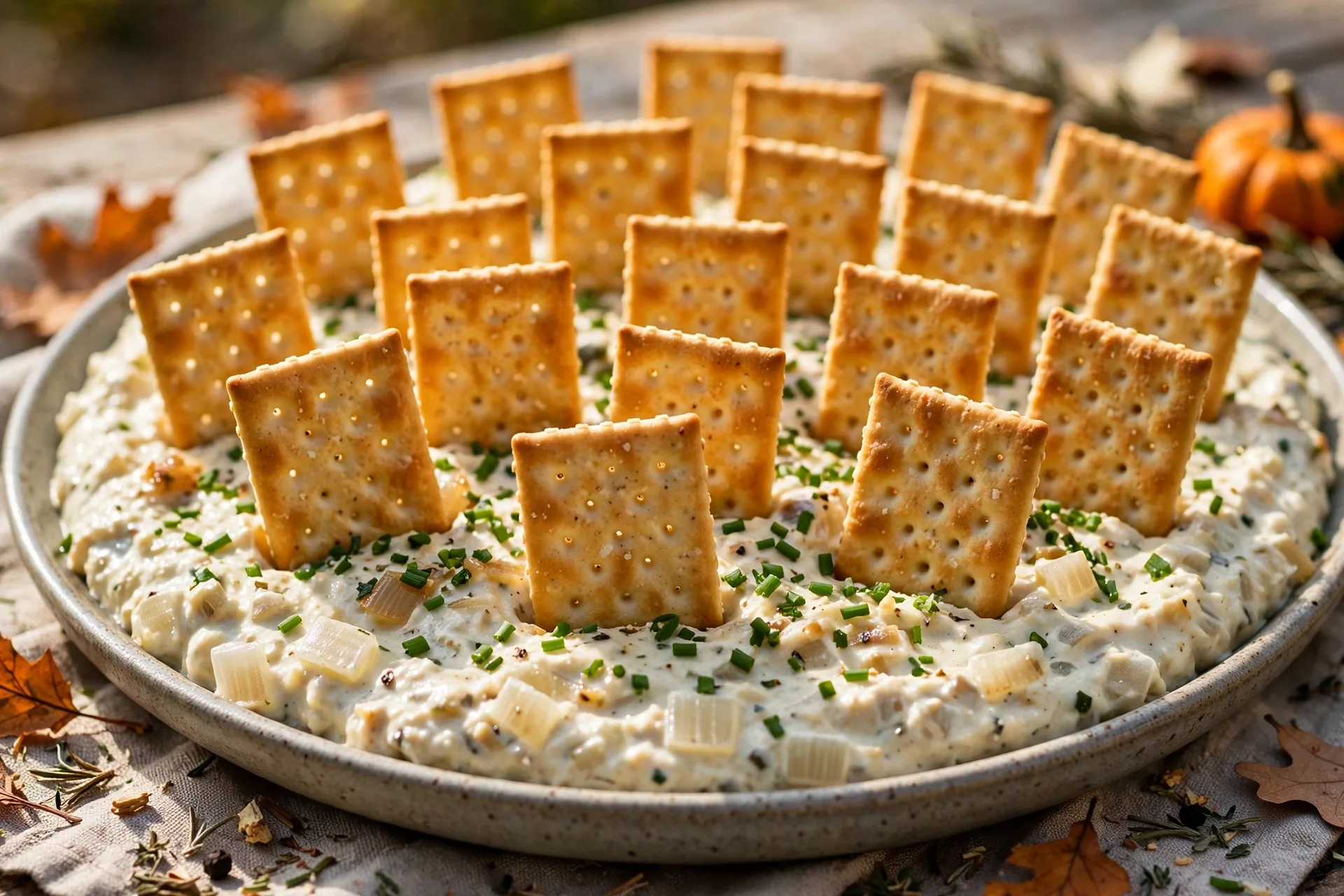 Creamy onion dip with cracker tombstones stuck in rows like a tiny graveyard.