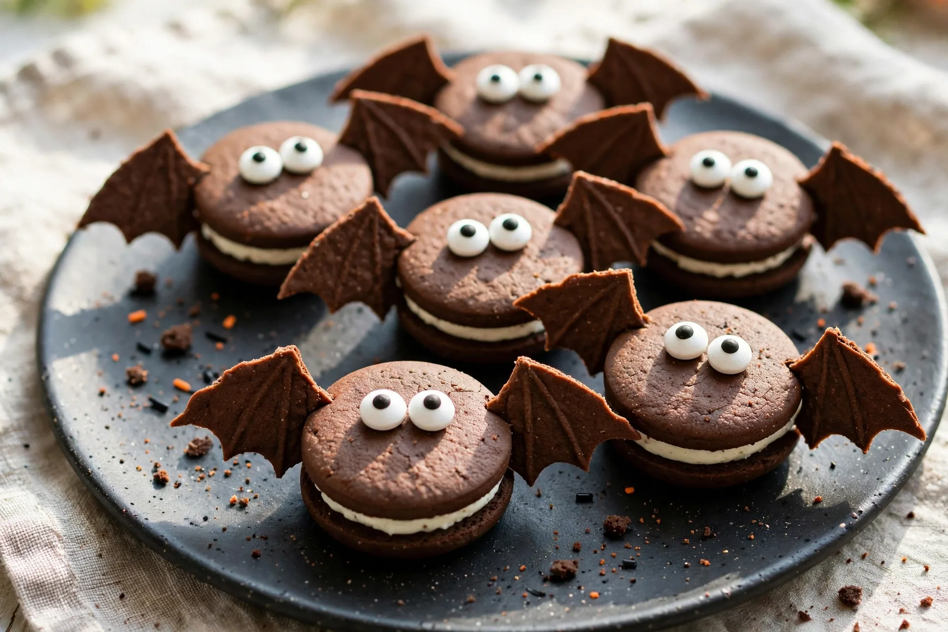 Chocolate sandwich cookies with candy wings and candy eyes, like tiny bats.