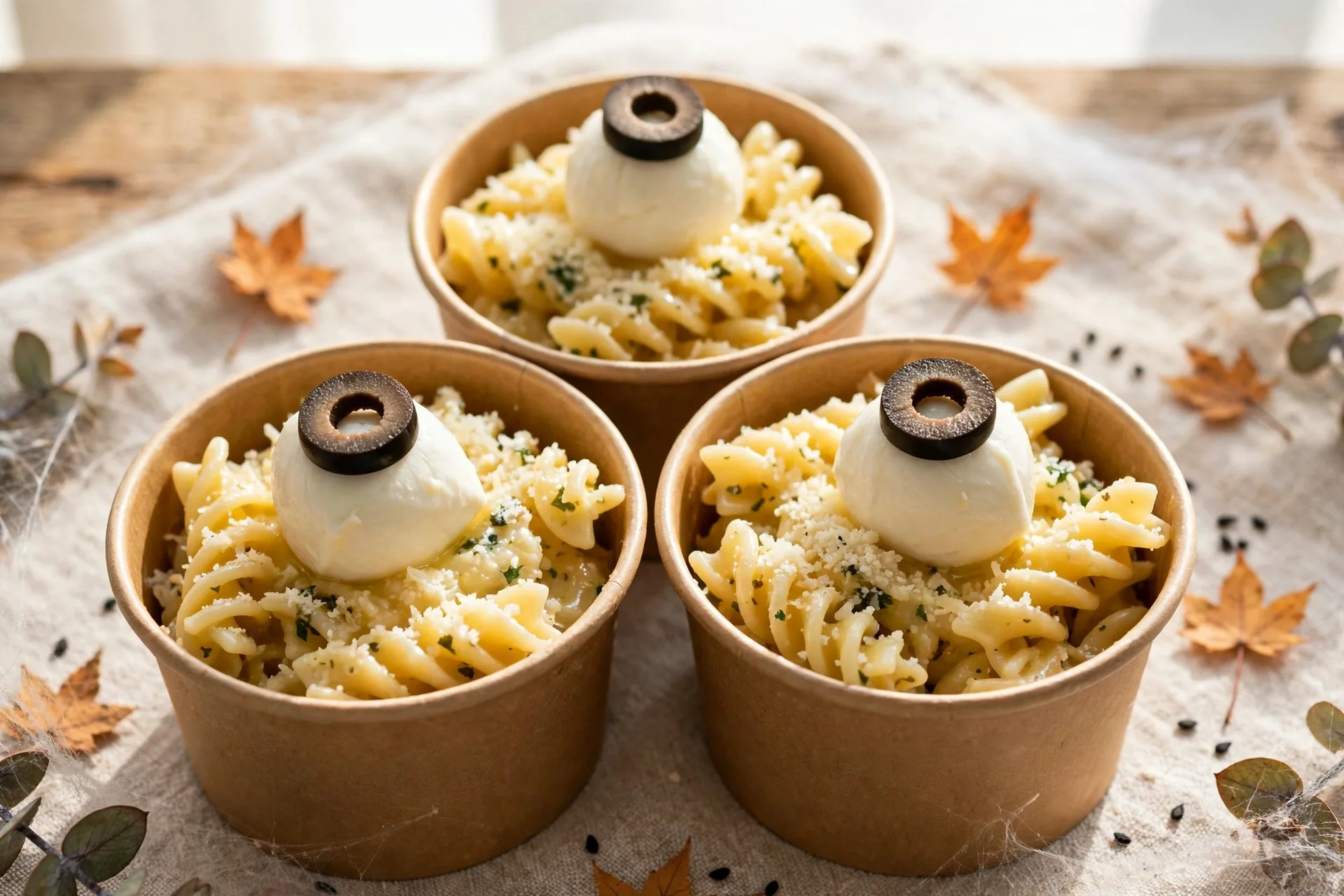Small cups of pasta with mozzarella eyeballs and olive pupils on top.
