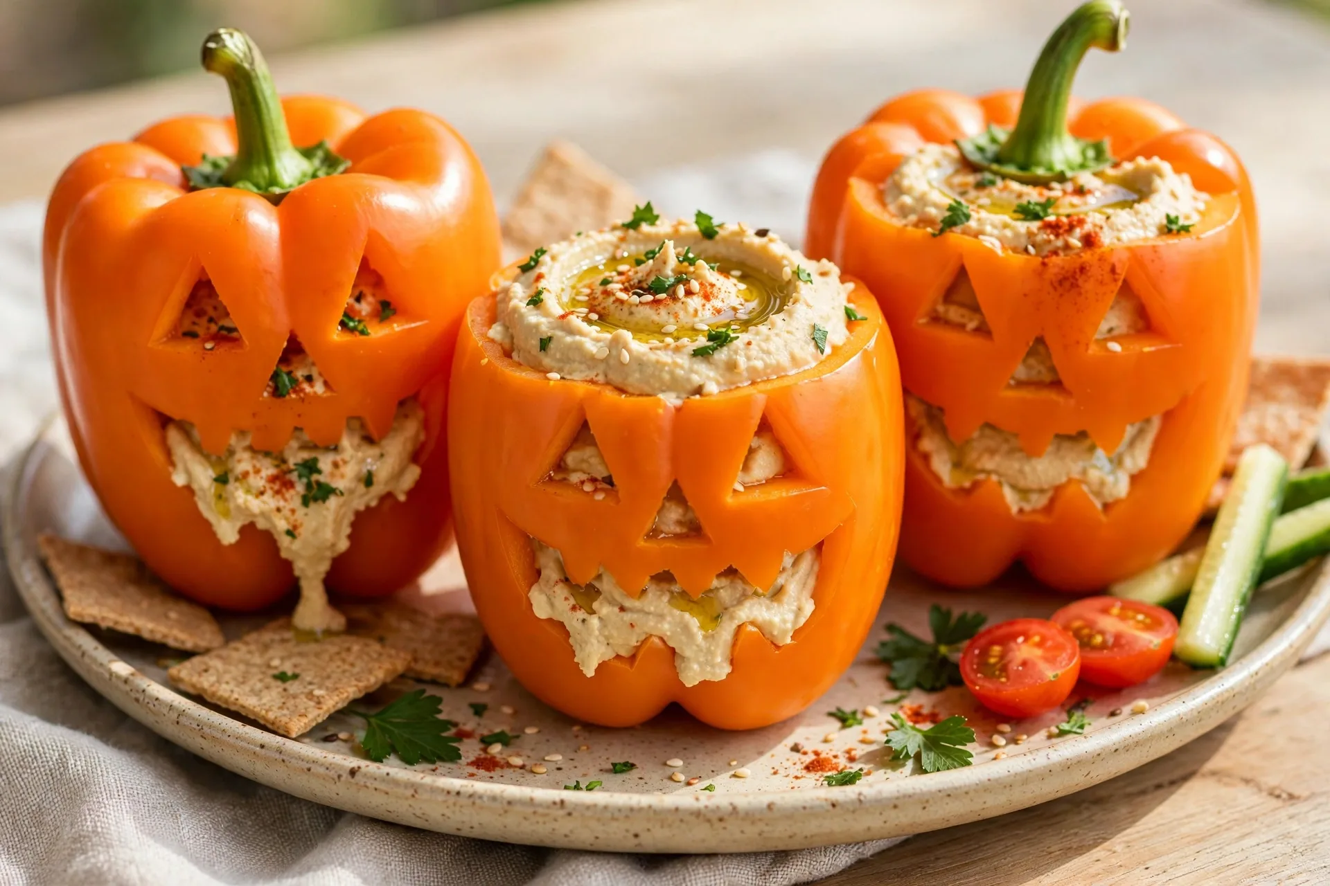 Orange bell peppers with jack-o-lantern faces, filled with hummus or dip.