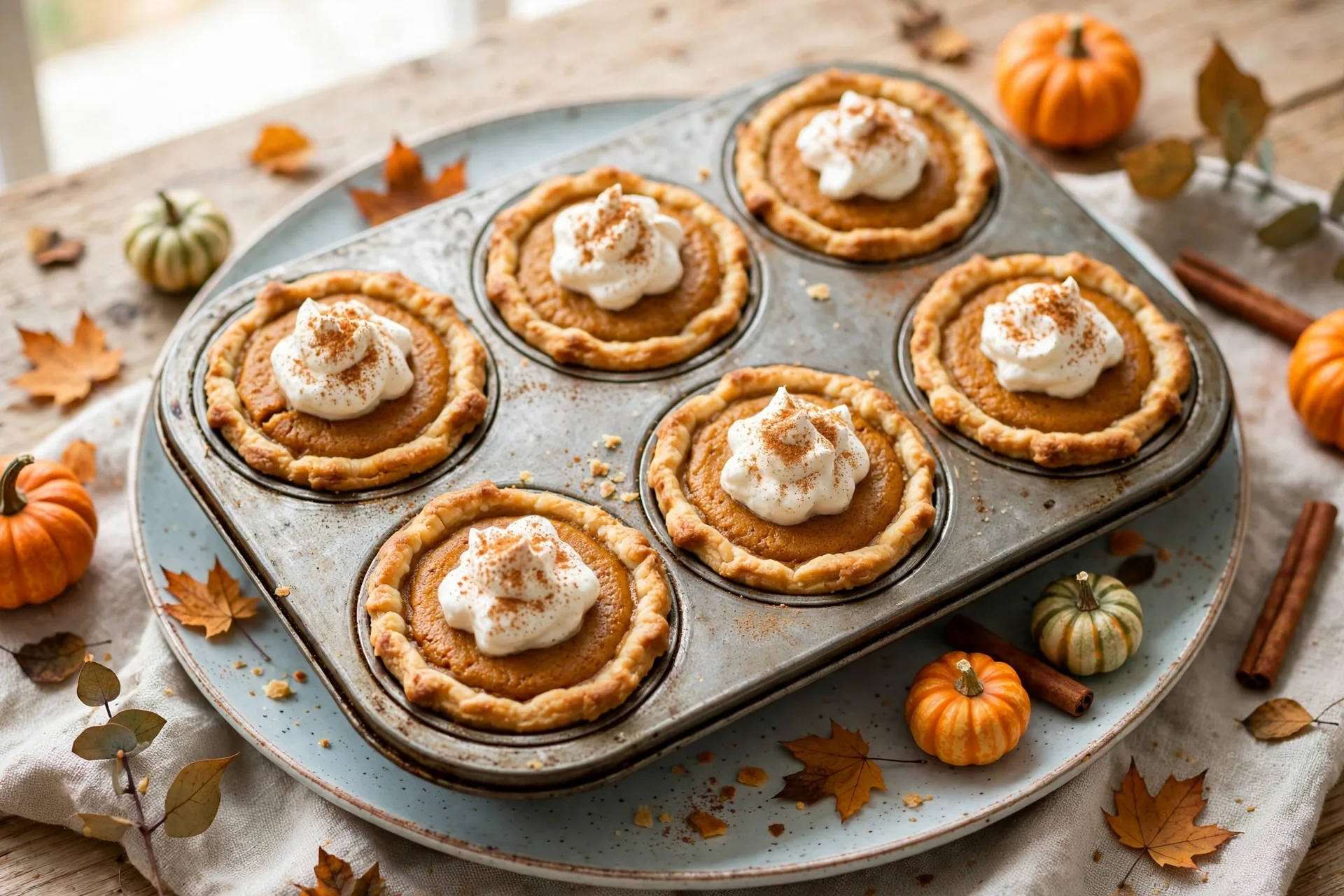 Mini pumpkin pies baked in a muffin tin with a dollop of whipped topping on each.