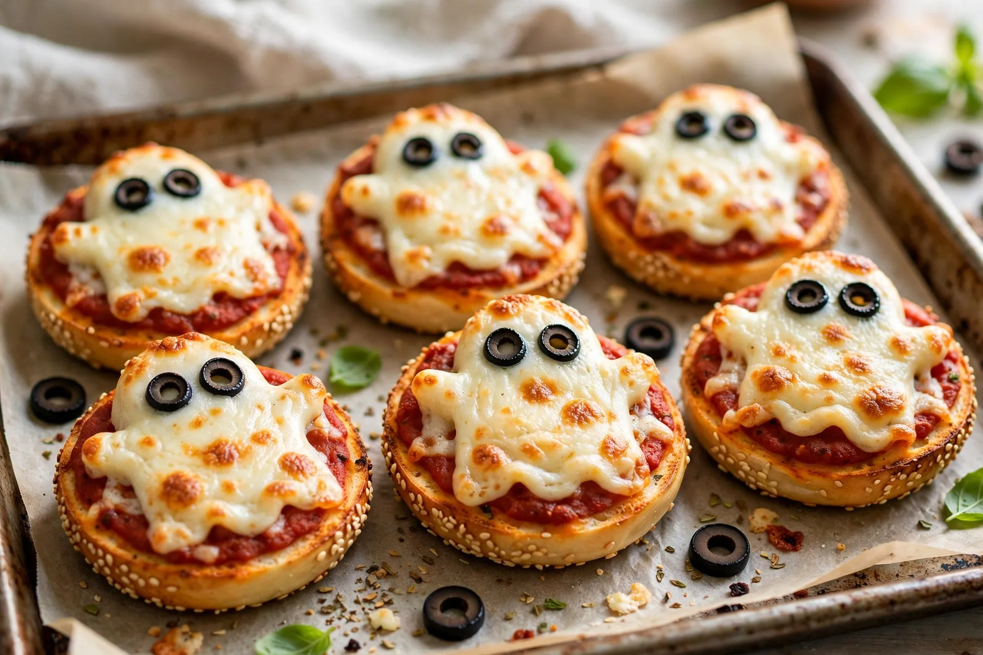 Mini bagels with pizza sauce and mozzarella ghosts melted on top.