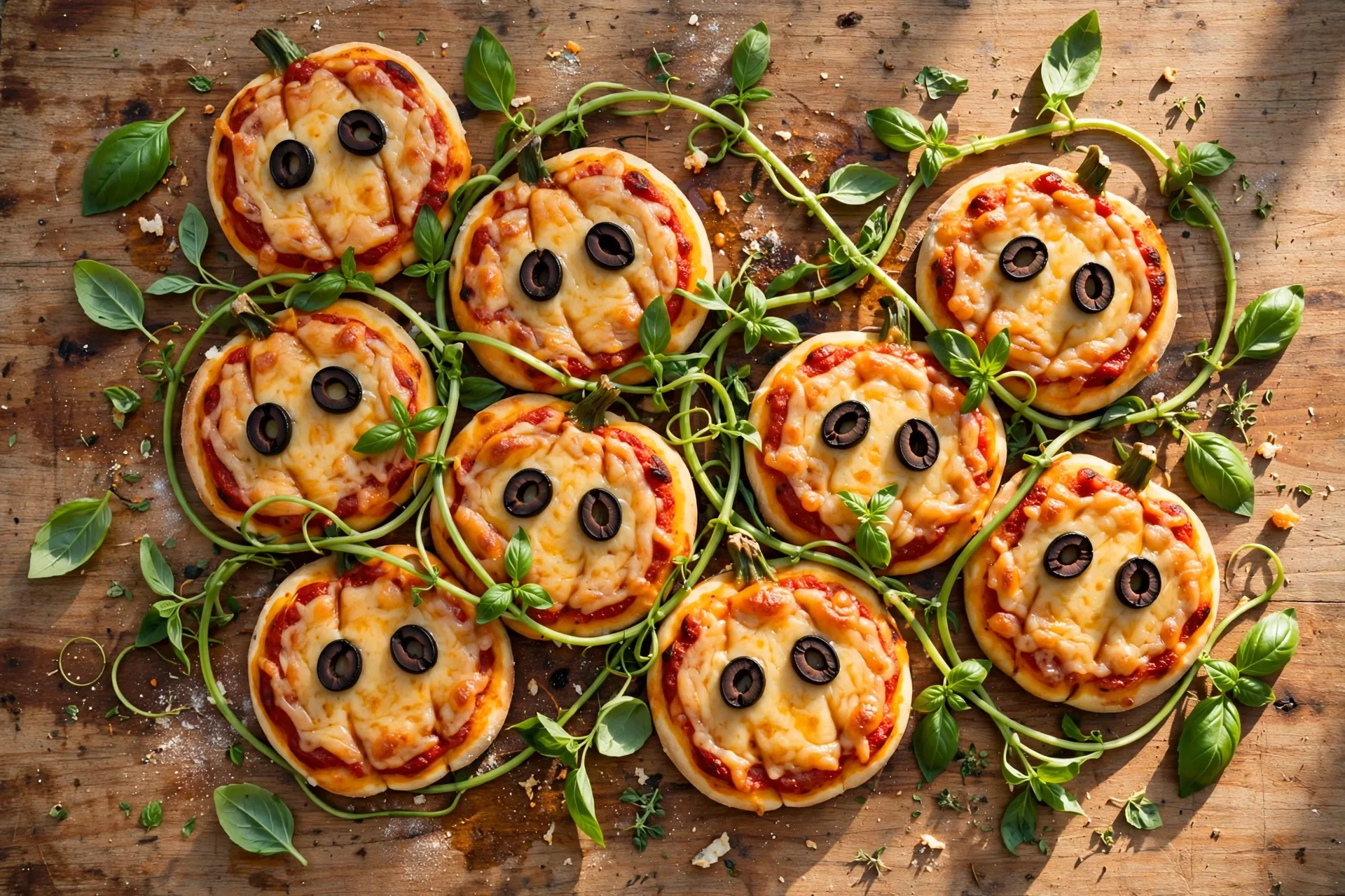 A pizza board with mini pizzas arranged like pumpkins in a patch, with olive faces.