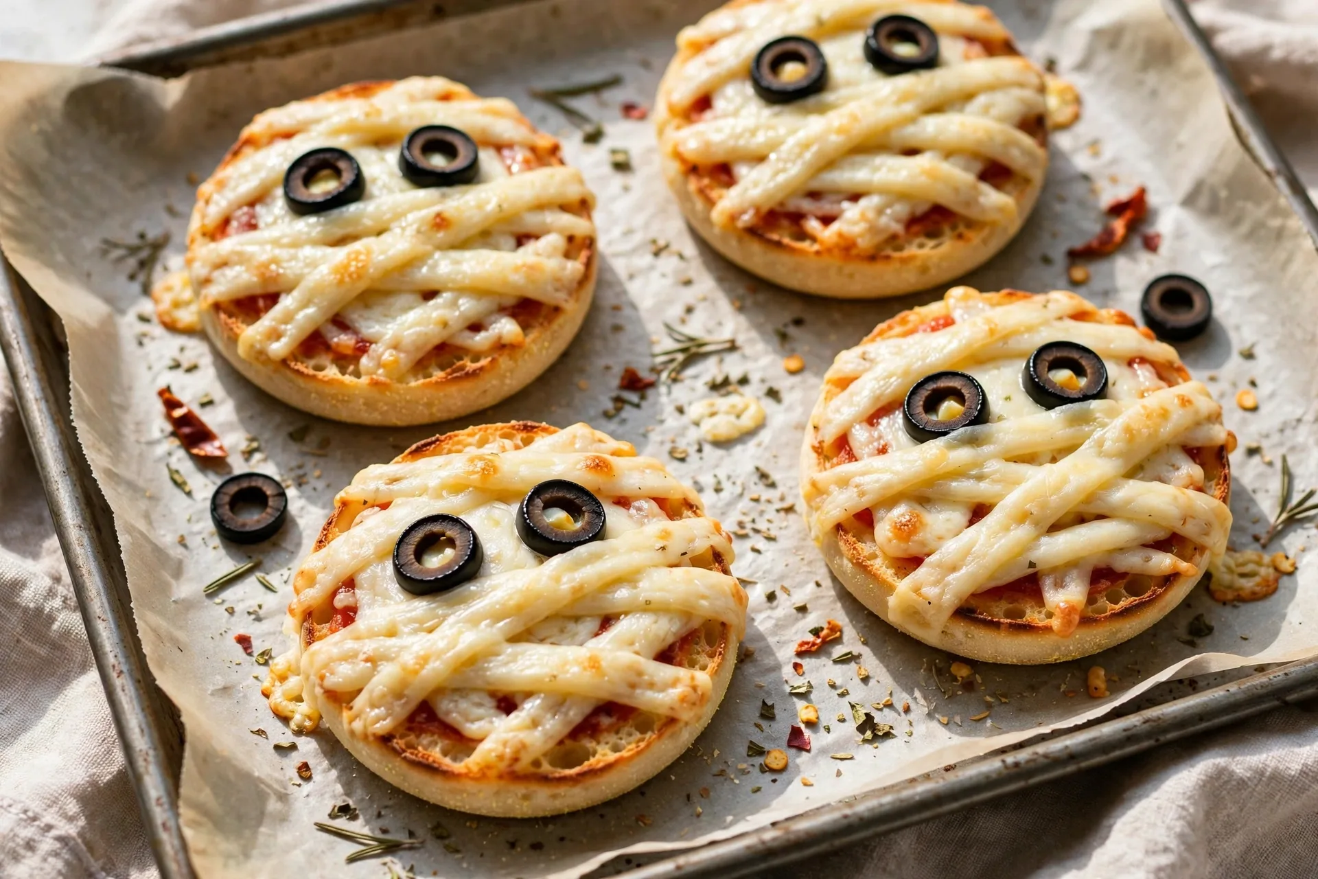 Mini pizza mummies on English muffins with mozzarella strip bandages and olive eyes