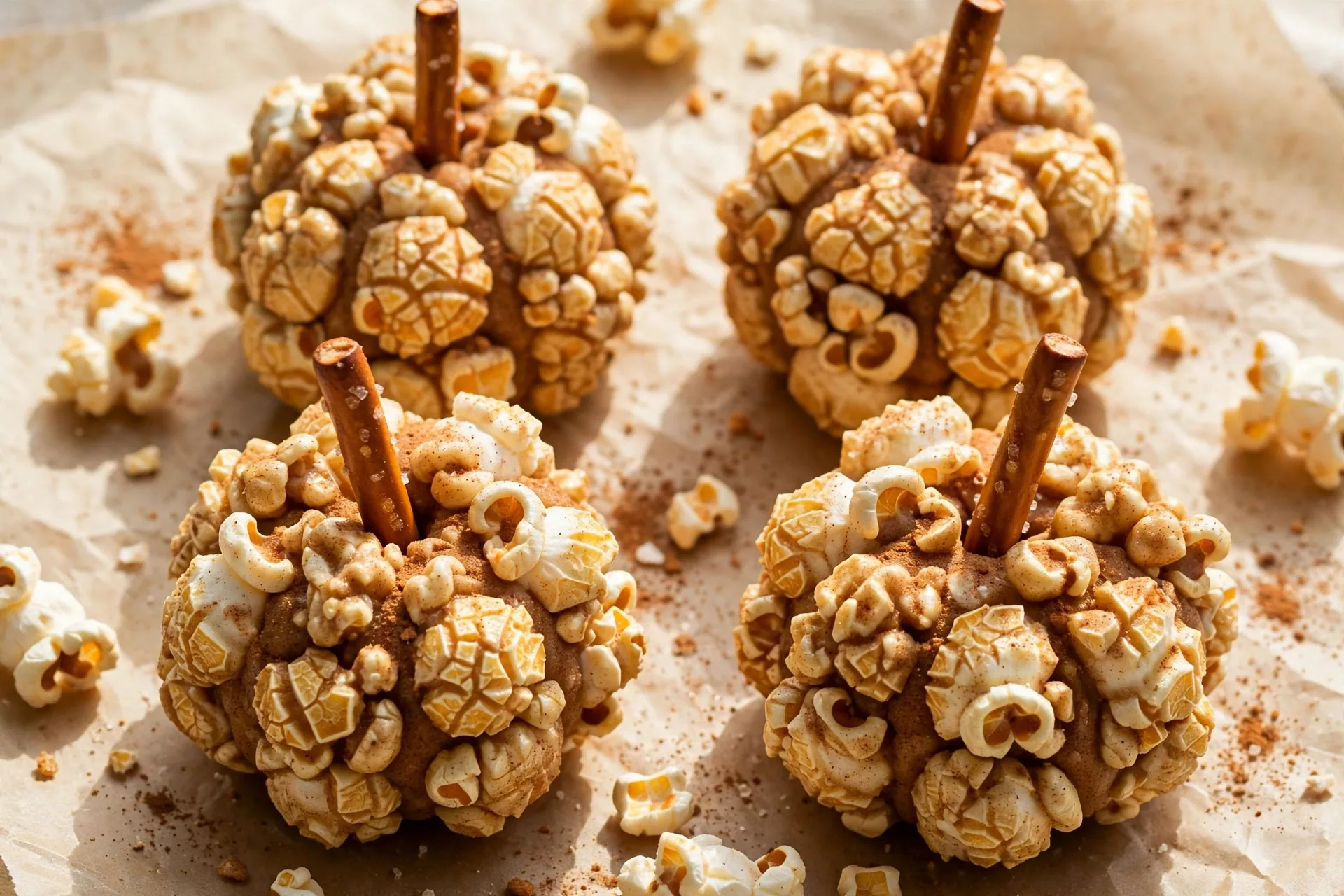 Popcorn balls spiced with cinnamon and pumpkin spice, shaped into small pumpkins.