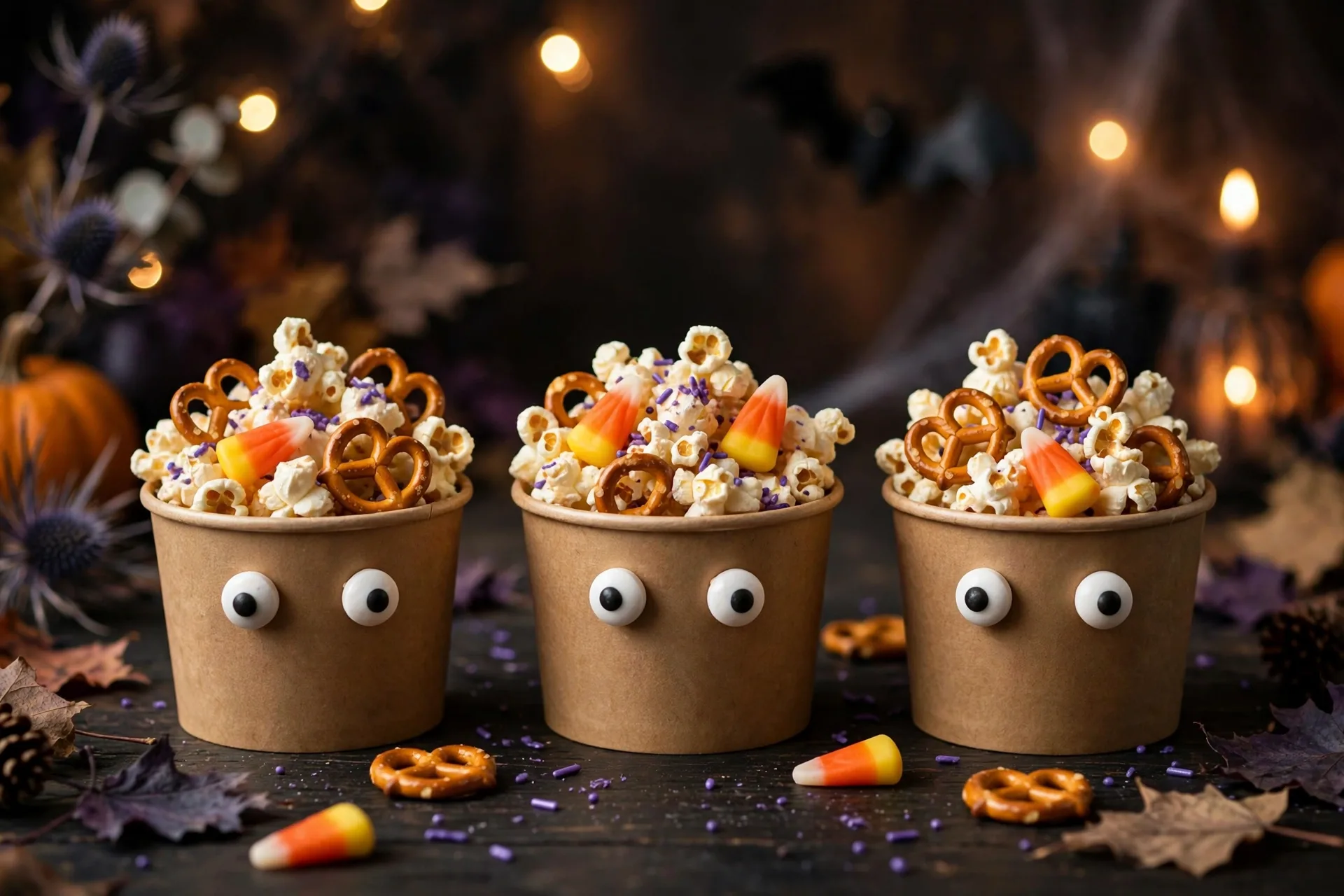 Spooky popcorn mix in paper cups decorated with candy eyeballs: popcorn tossed with candy corn, pretzels and sprinkles
