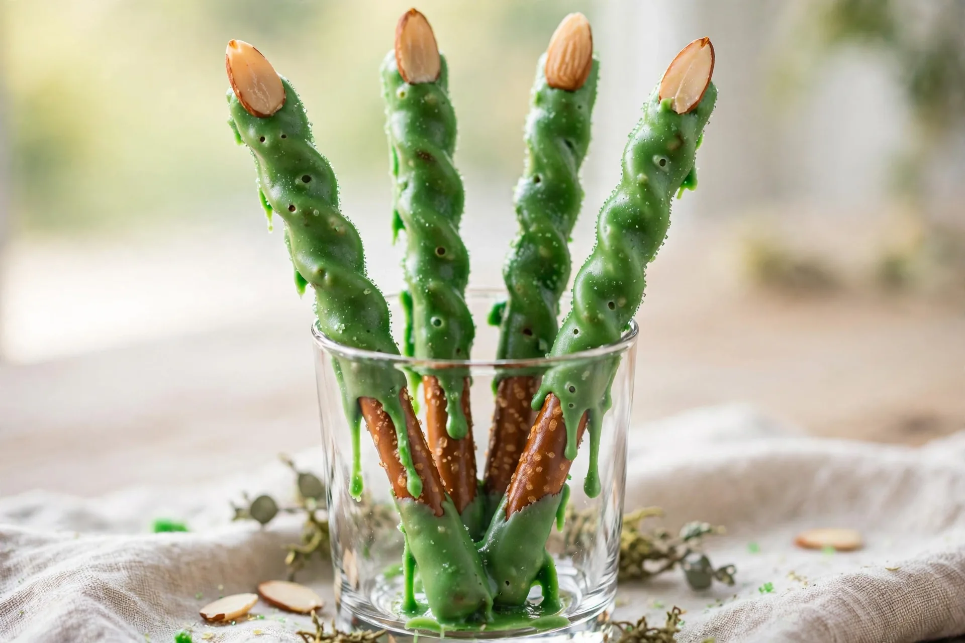 Pretzel rods dipped in green chocolate with an almond nail on the end.
