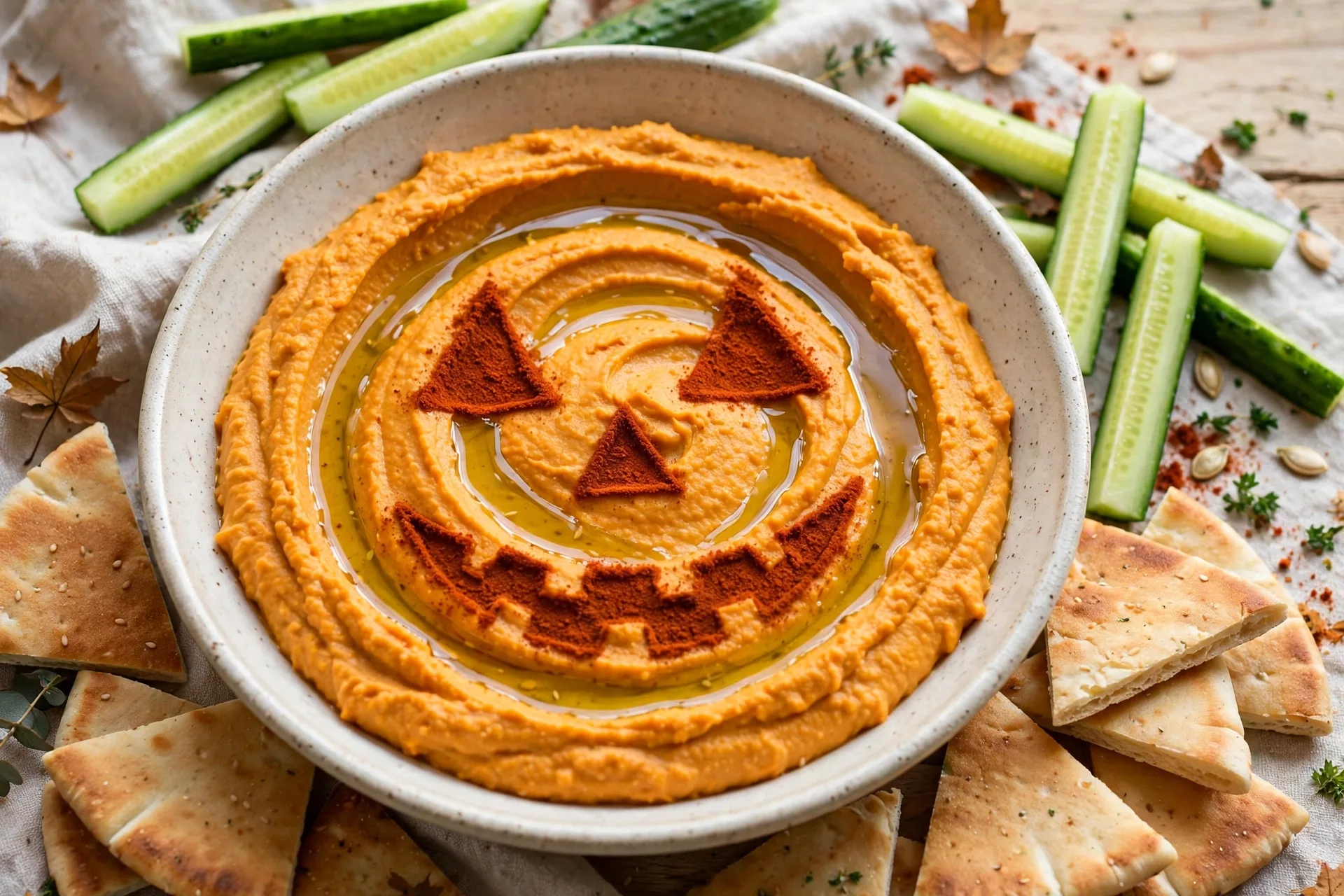 A smooth orange dip with a swirl of olive oil and a jack-o-lantern face drawn in paprika.