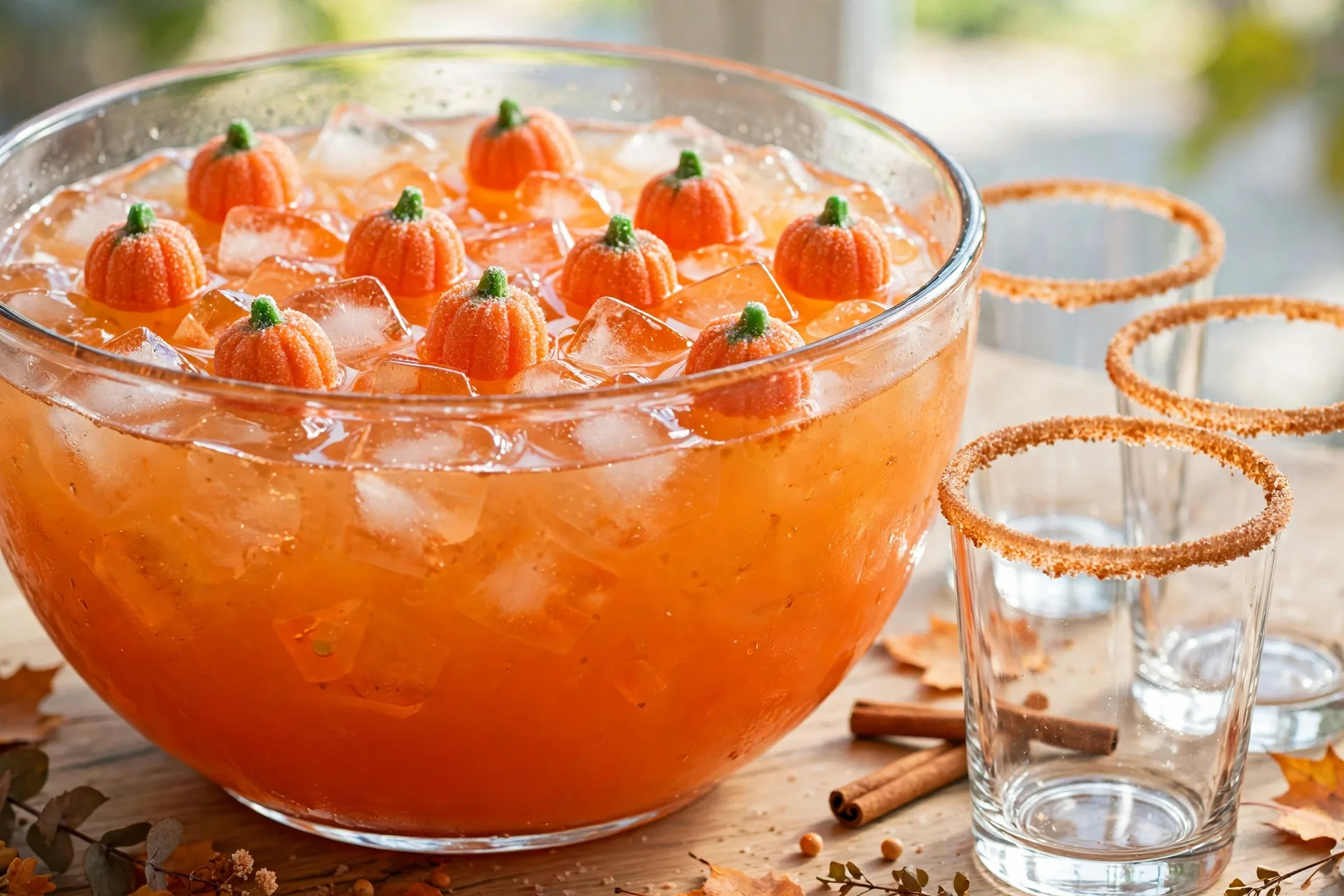 Orange punch with floating candy pumpkins and a cinnamon rim on each cup.