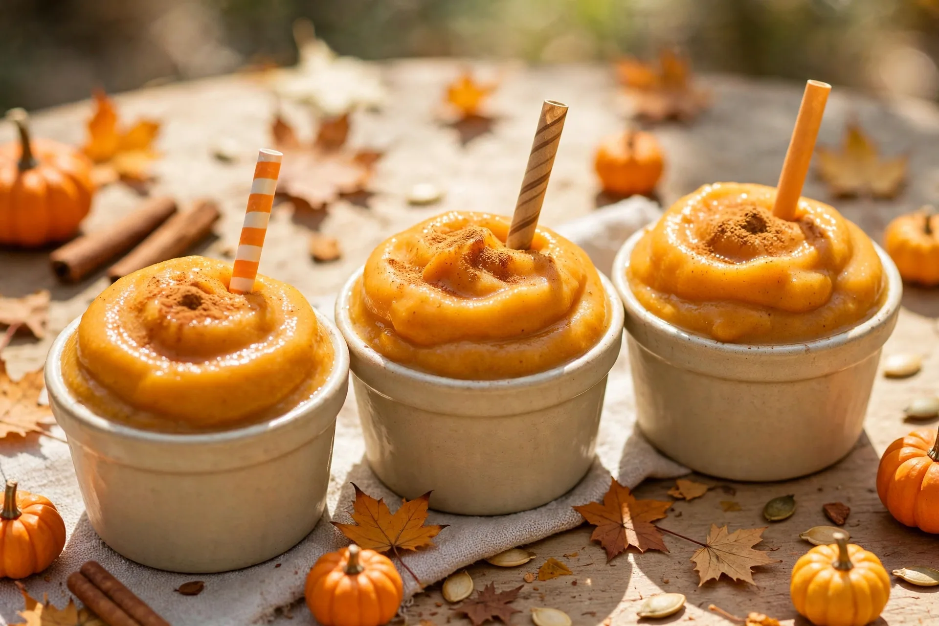 Thick pumpkin smoothies in small cups with a sprinkle of cinnamon on top.