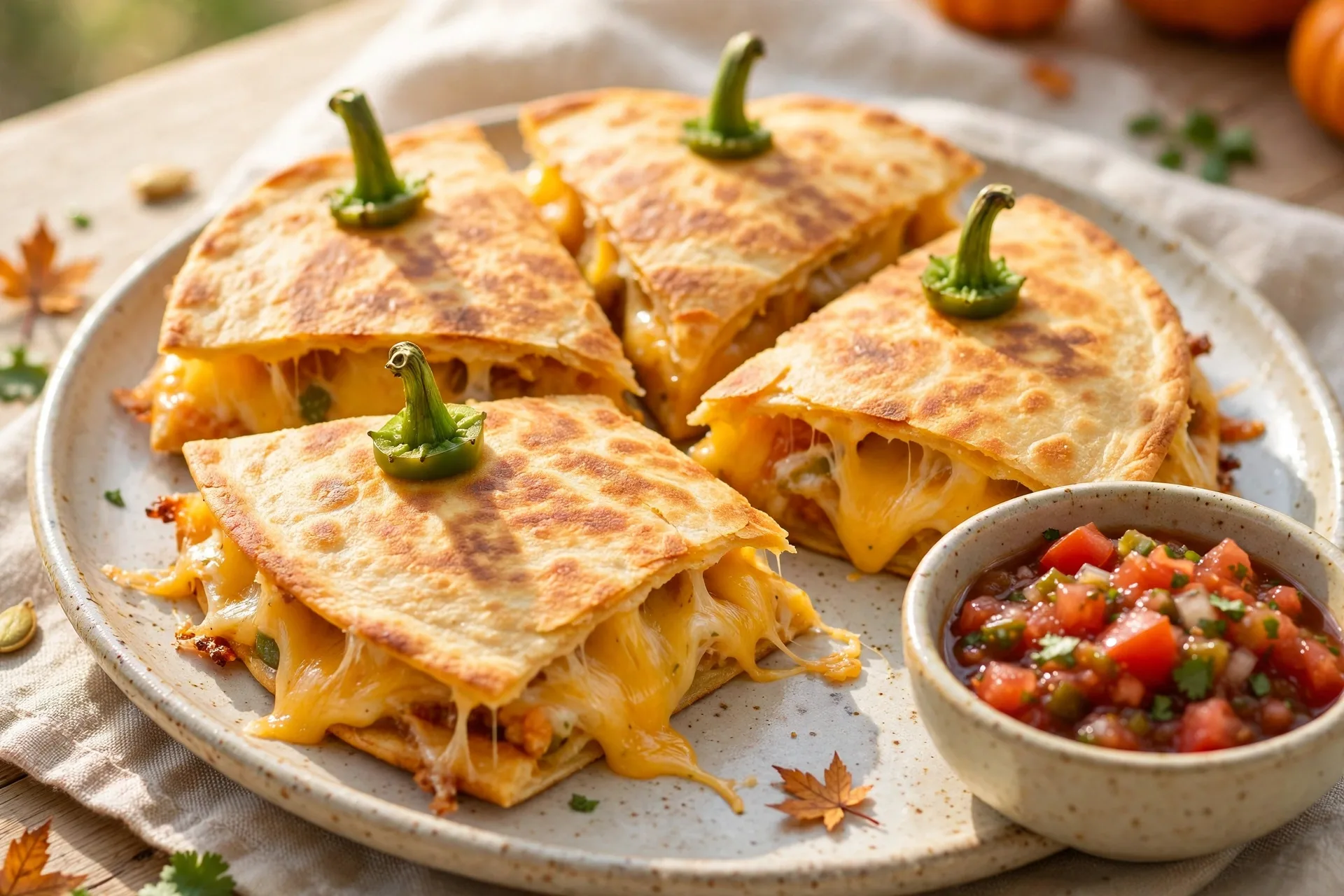 Orange quesadilla triangles with melted cheese inside, cut into pumpkin wedges.