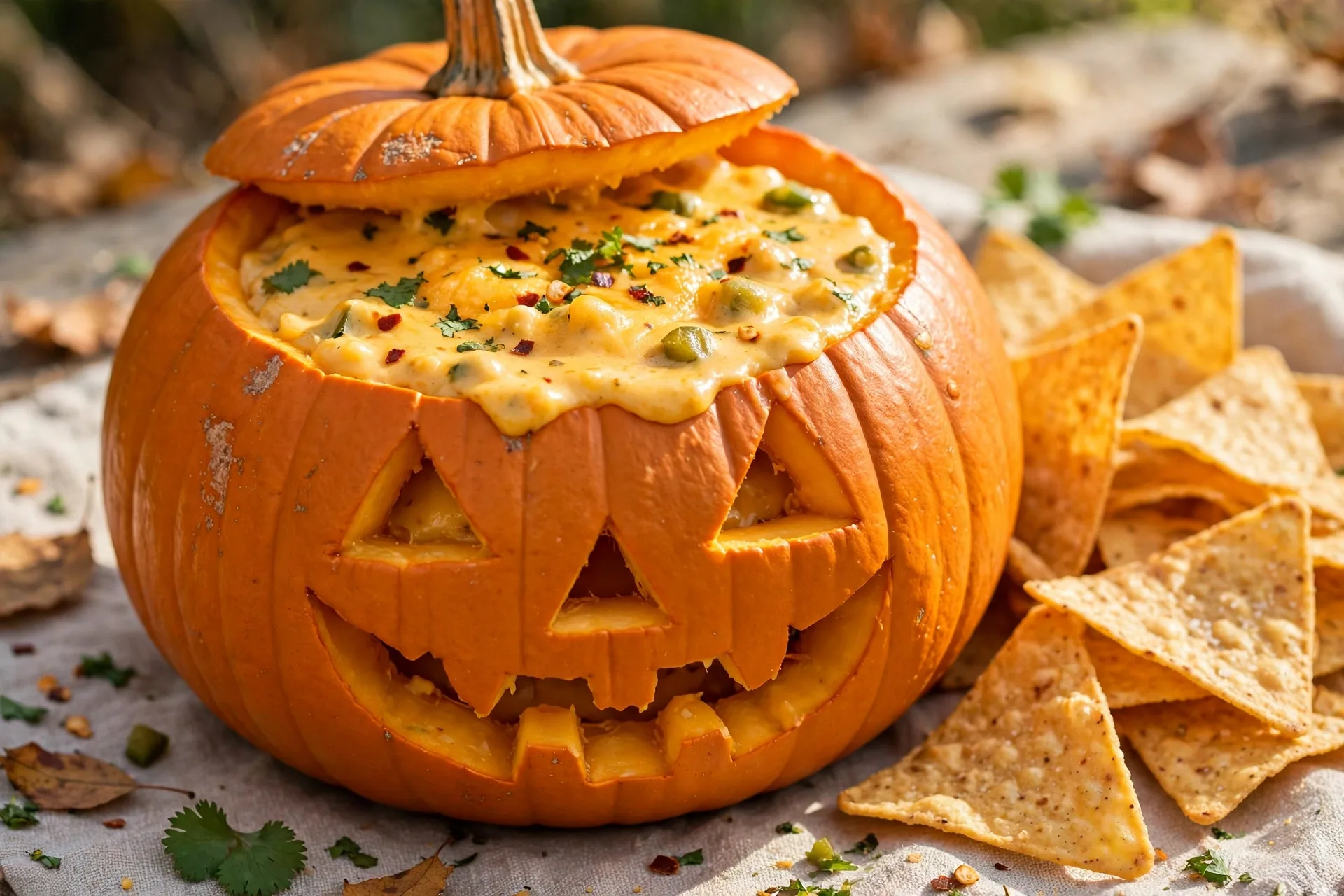 Golden queso in a hollowed pumpkin bowl, with a jack-o-lantern face cut into the pumpkin.