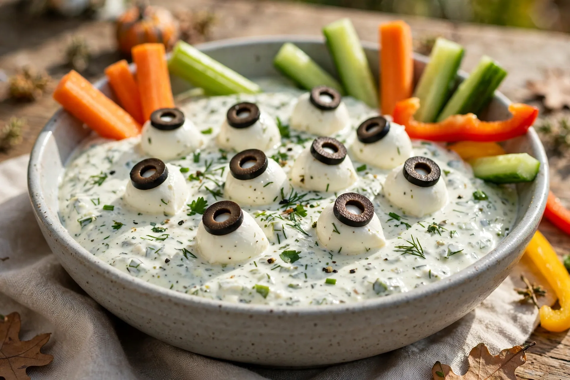 Cool ranch dip with mozzarella eyeballs floating on top, each with an olive pupil.