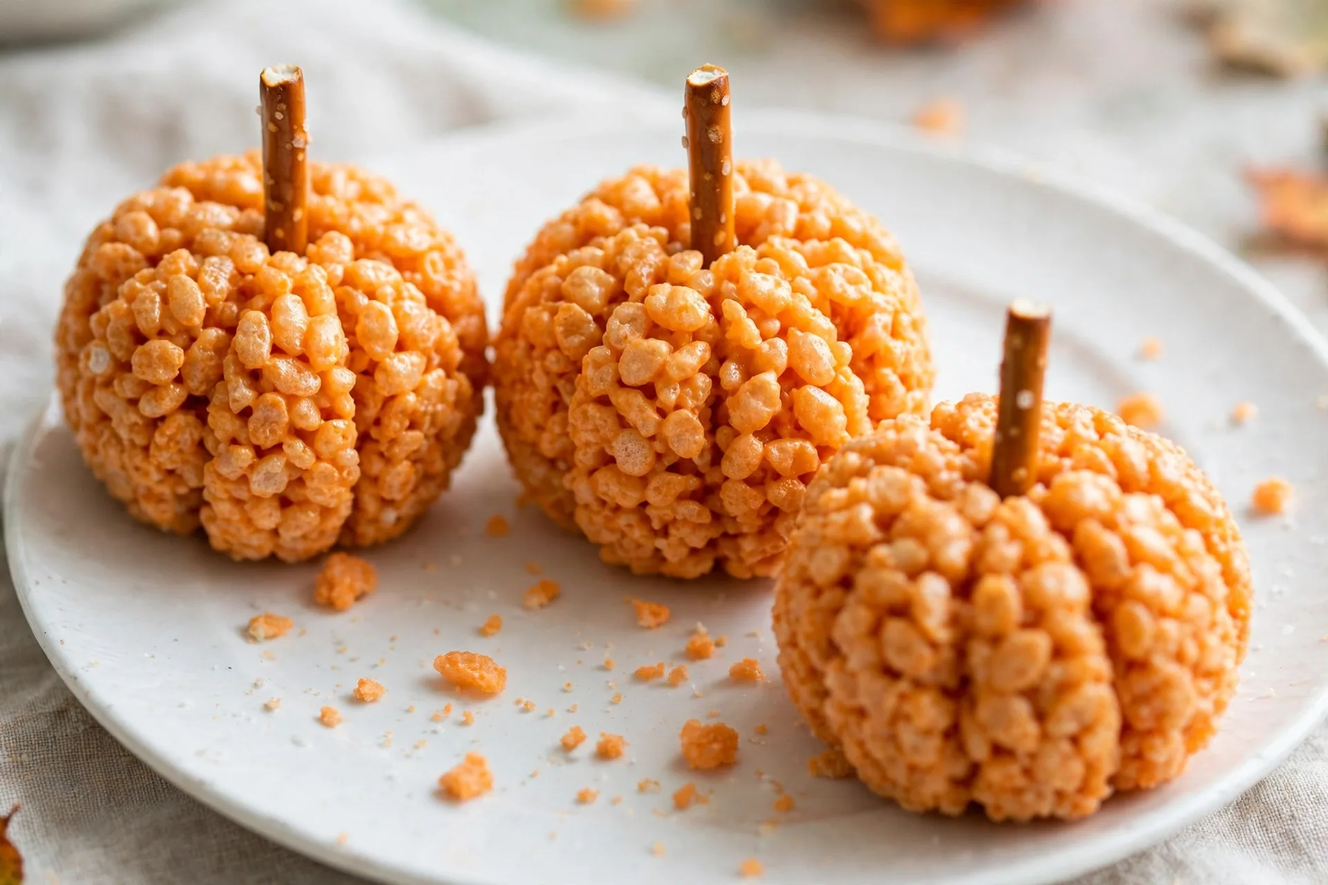 Orange rice krispie treats shaped into pumpkins with a pretzel stem.