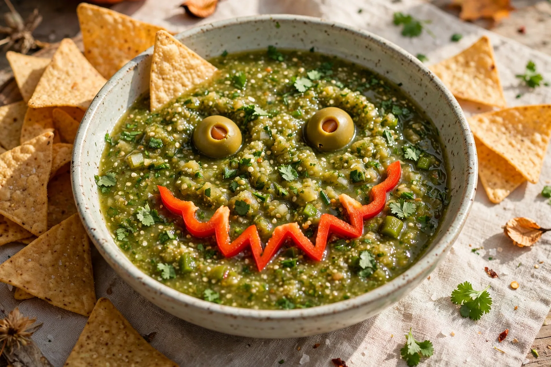 Green salsa with a monster face: olive eyes and a red pepper grin on top.