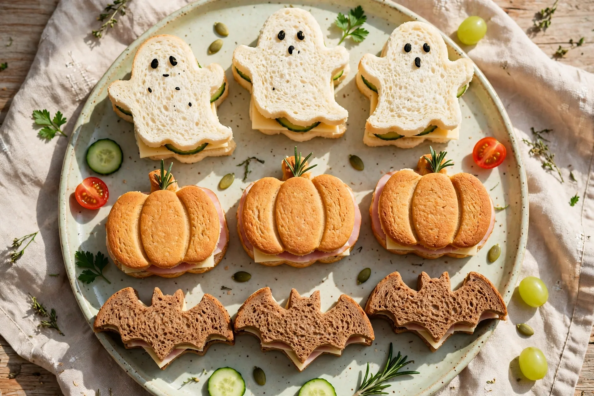 Sandwiches cut into ghosts, bats, and pumpkins with cookie cutters, arranged on a tray.