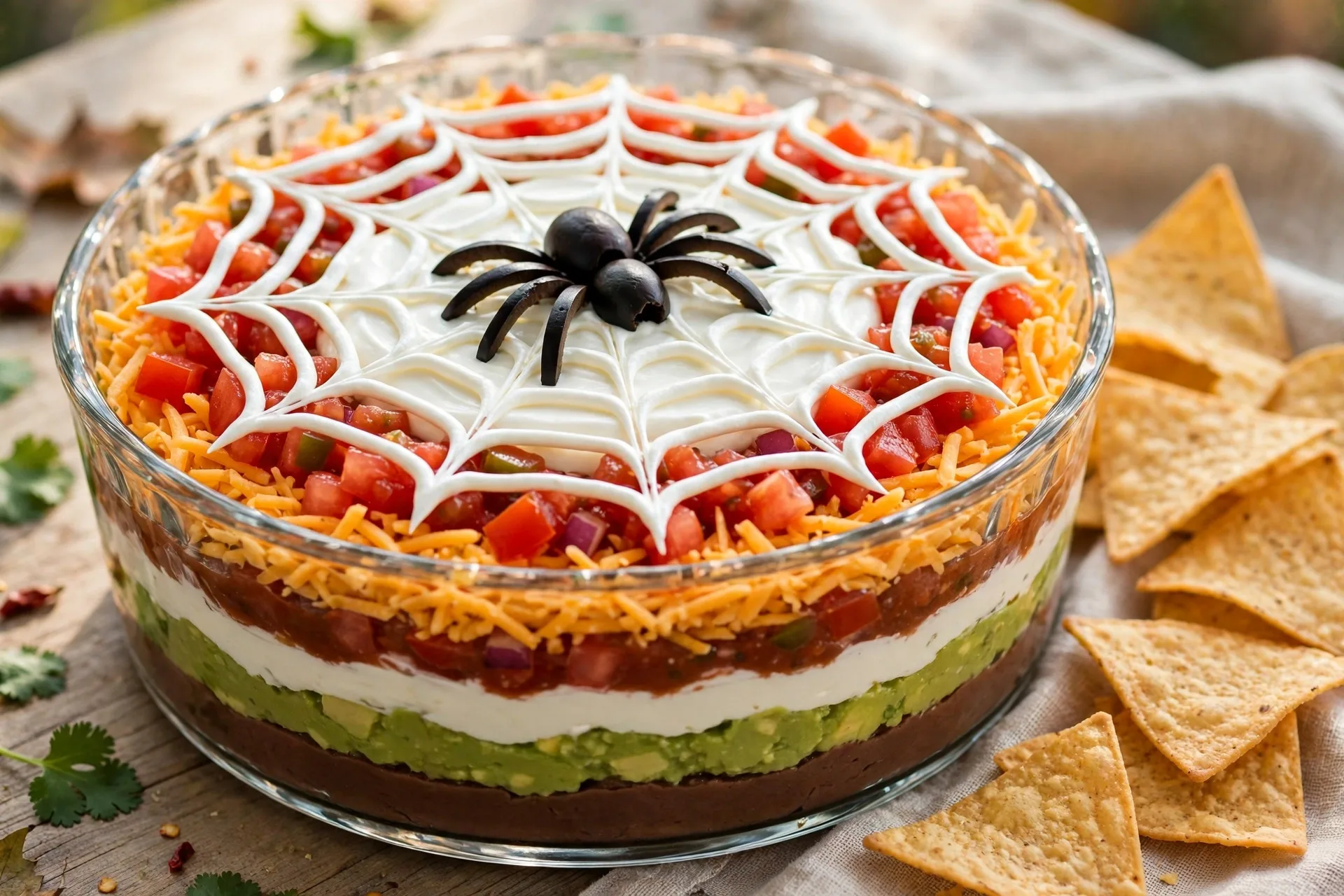 A layered dip with a sour cream spiderweb piped on top and one olive spider in the middle.