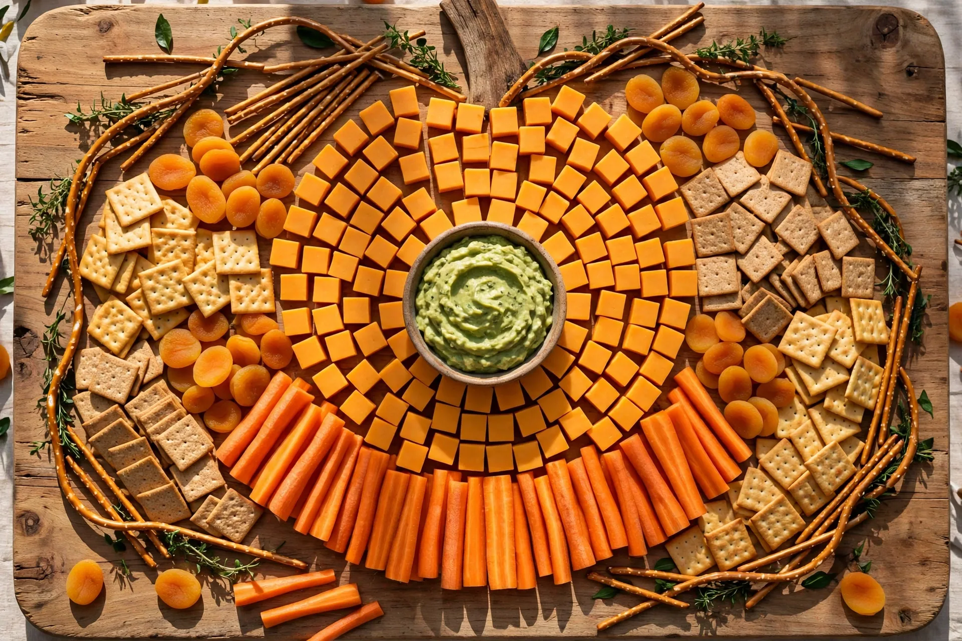 A big board built like a pumpkin patch: orange snacks in rows with a green dip in the middle.