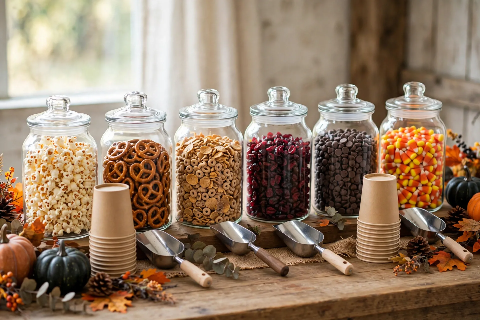 A build-your-own snack mix bar with jars of popcorn, pretzels, candy, and cereal.