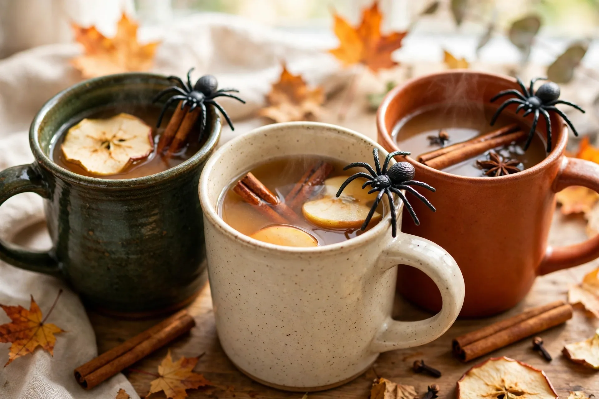 Warm apple cider with cinnamon sticks and a plastic spider ring on each mug.
