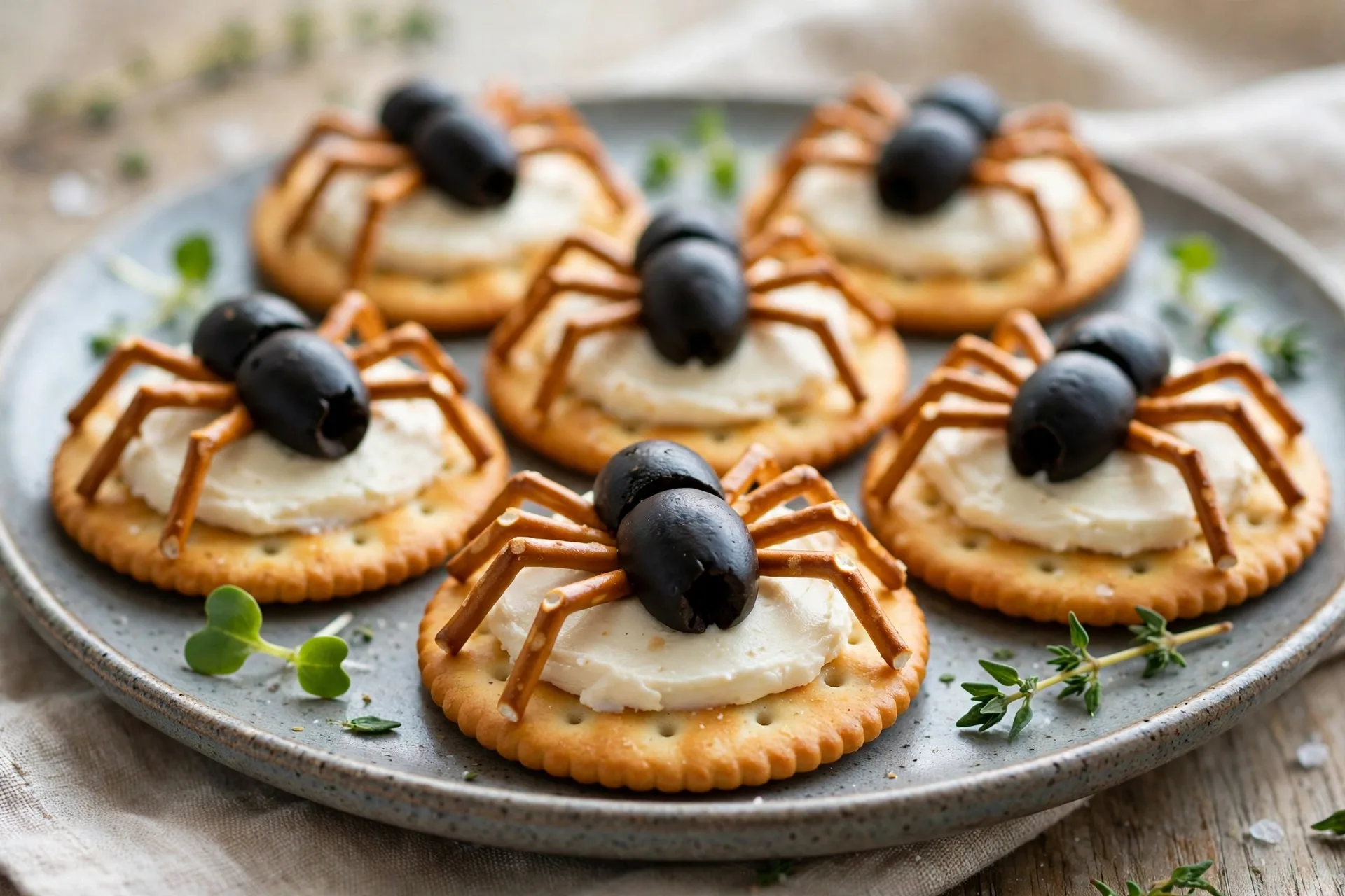 Round crackers topped with cheese spread and pretzel stick legs, like spiders on a plate.