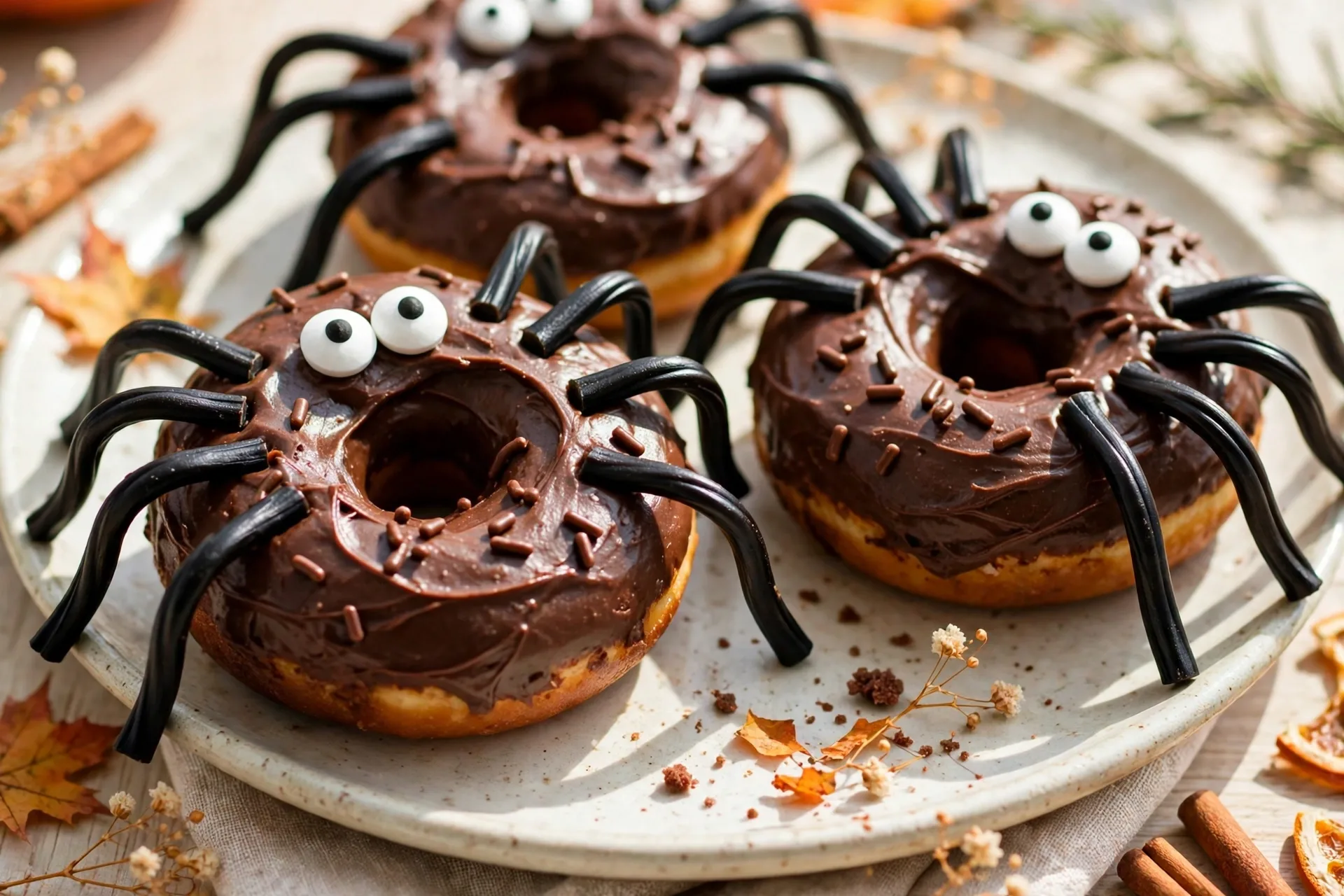 Chocolate donuts with black licorice legs and candy eyes, like spiders on a plate.