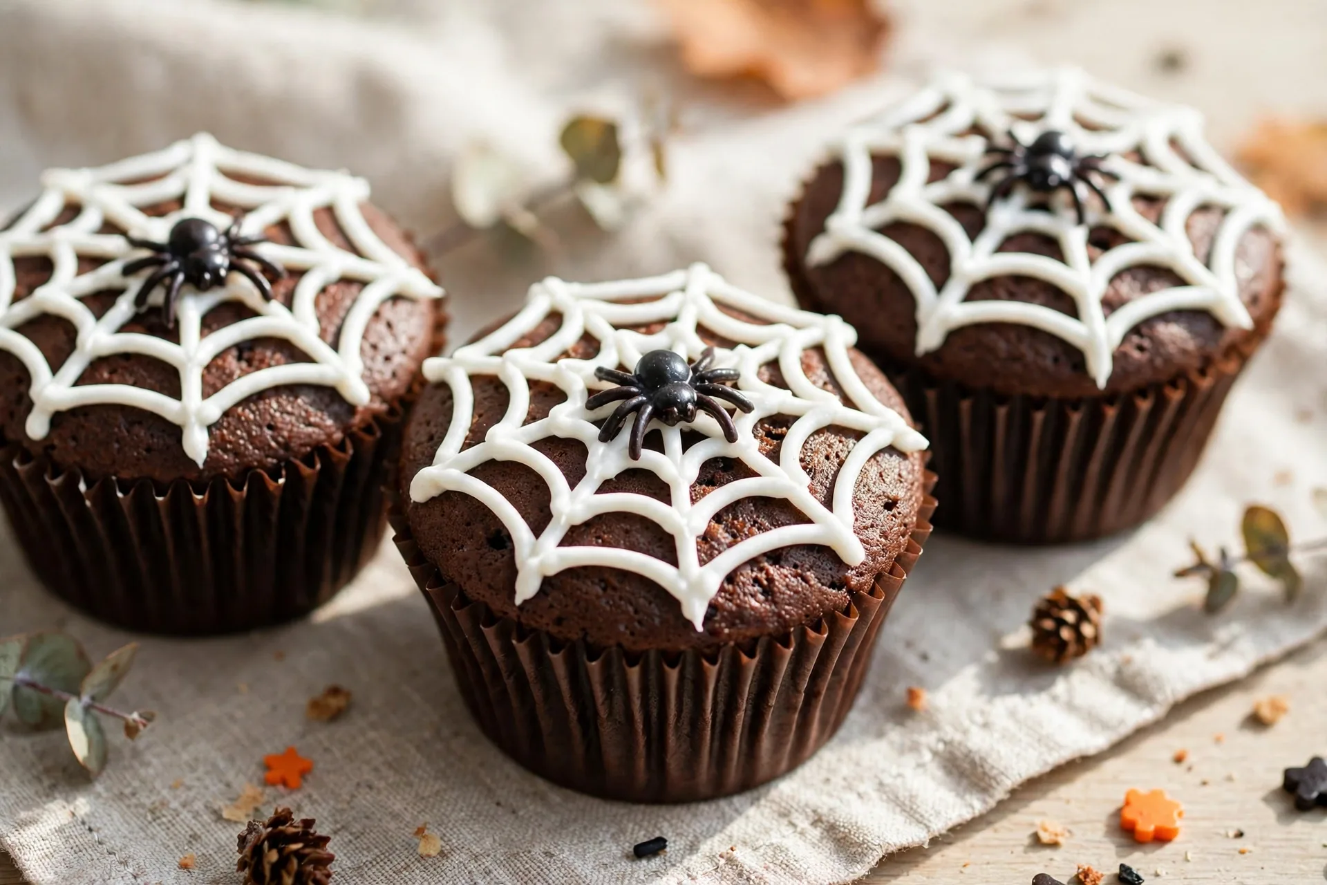 Chocolate cupcakes with a white frosting web piped on top and a candy spider in the middle.